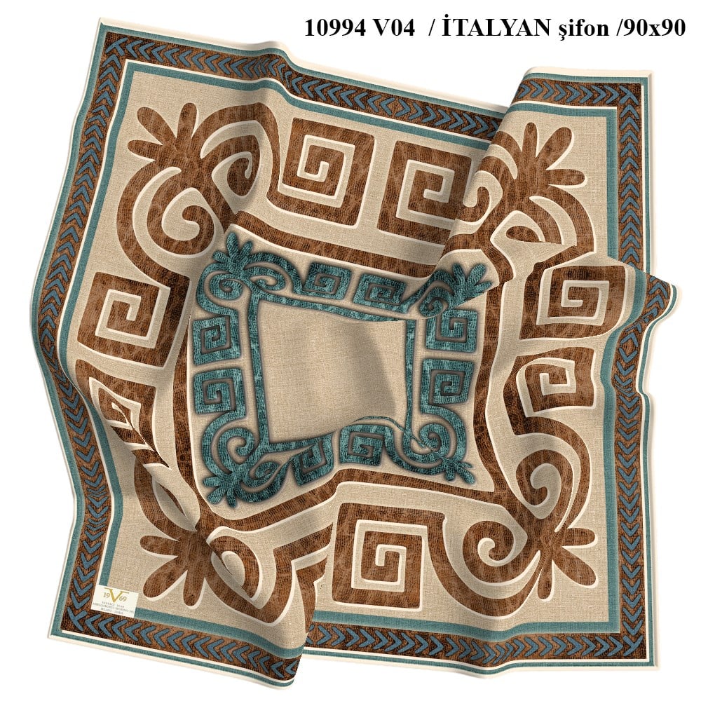 EŞARPGreece Key Desen İtalyan Şifon Seri Eşarp Askısı ile Birlikte 90x90 cm