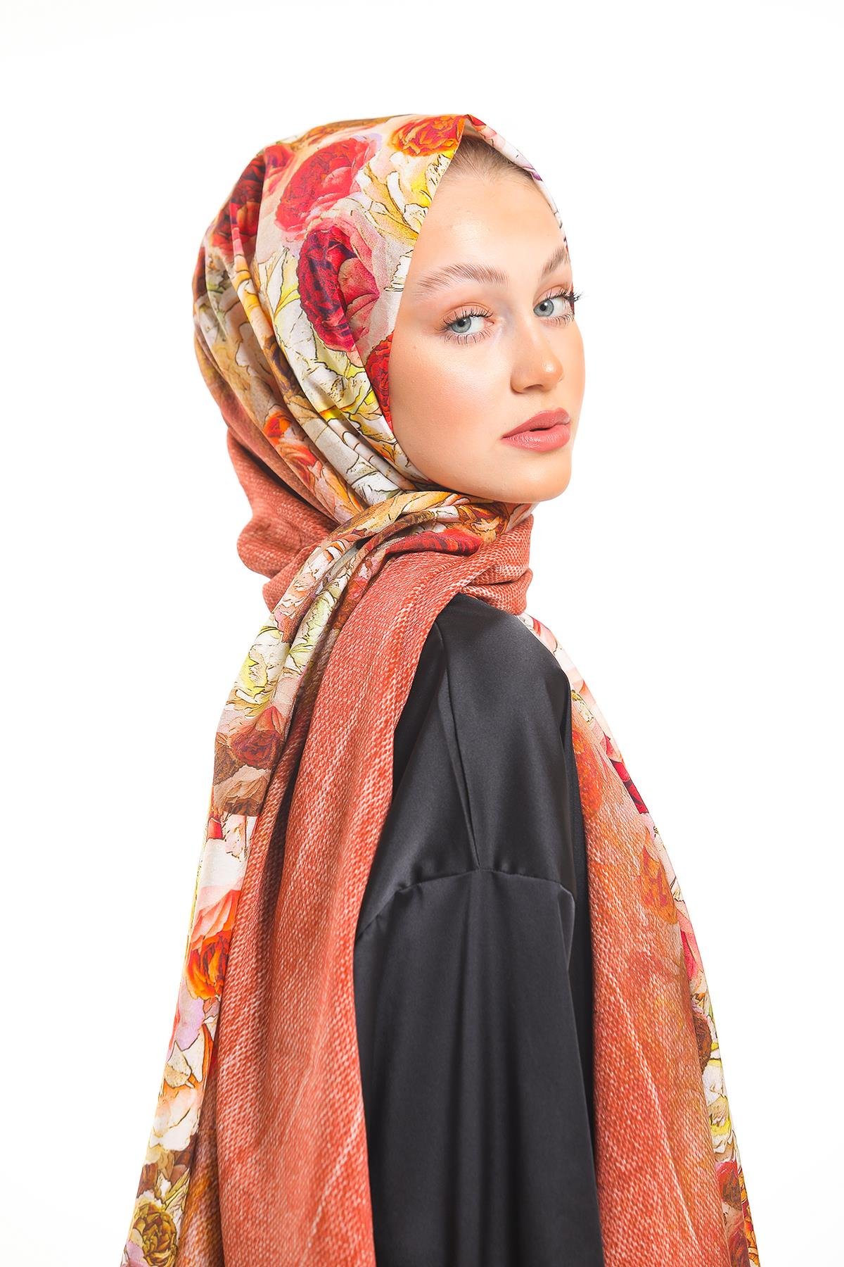 Çiçekli Desen Elegante Seri Viscon Şal Askısı İle Birlikte 75x200 cm