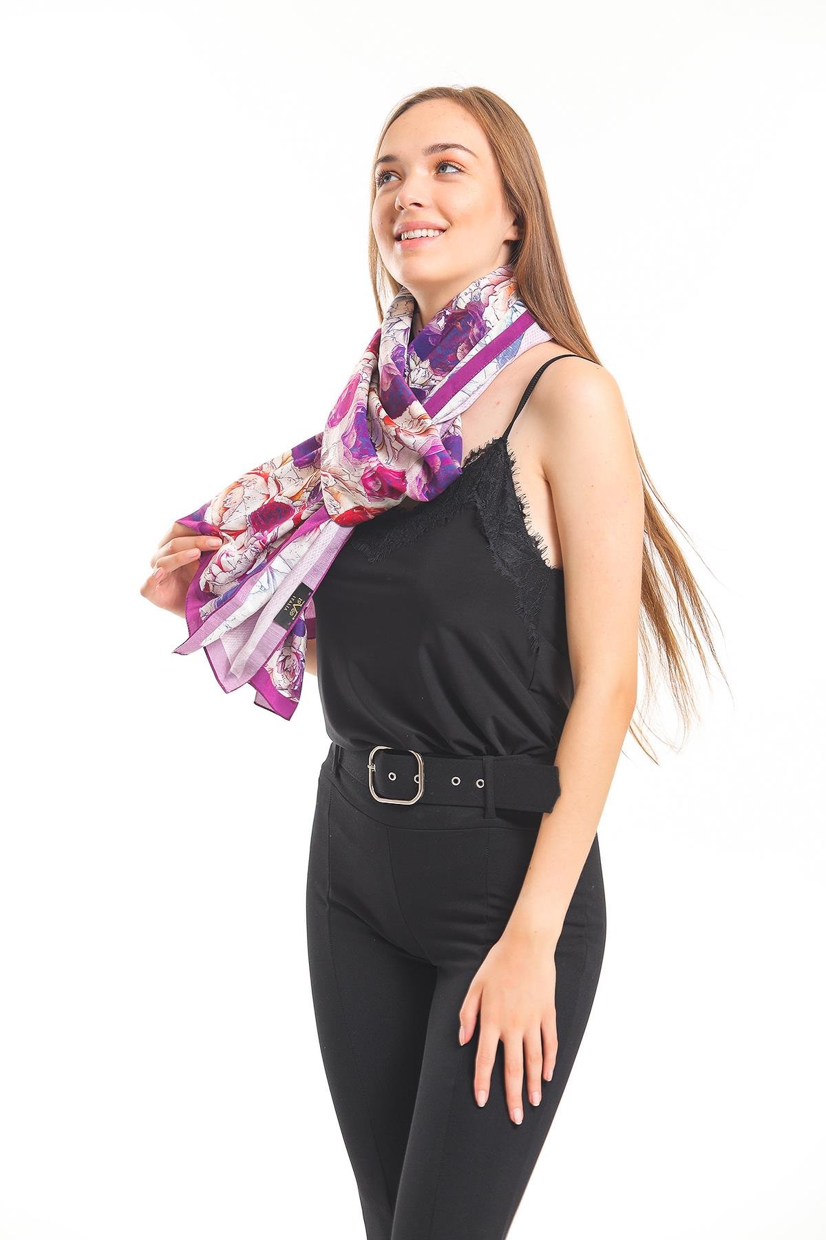 Çiçekli Desen Elegante Seri Viscon Şal Askısı İle Birlikte 75x200 cm