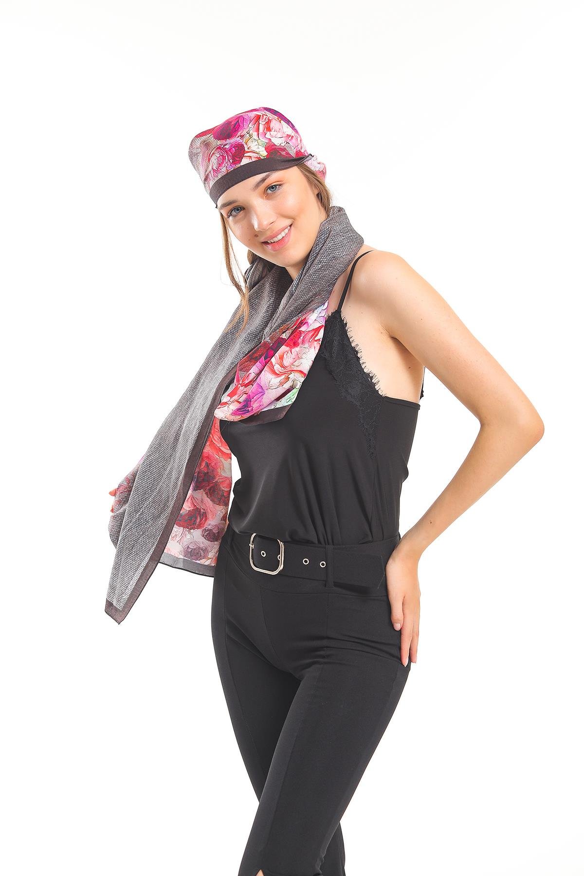 Çiçekli Desen Elegante Seri Viscon Şal Askısı İle Birlikte 75x200 cm