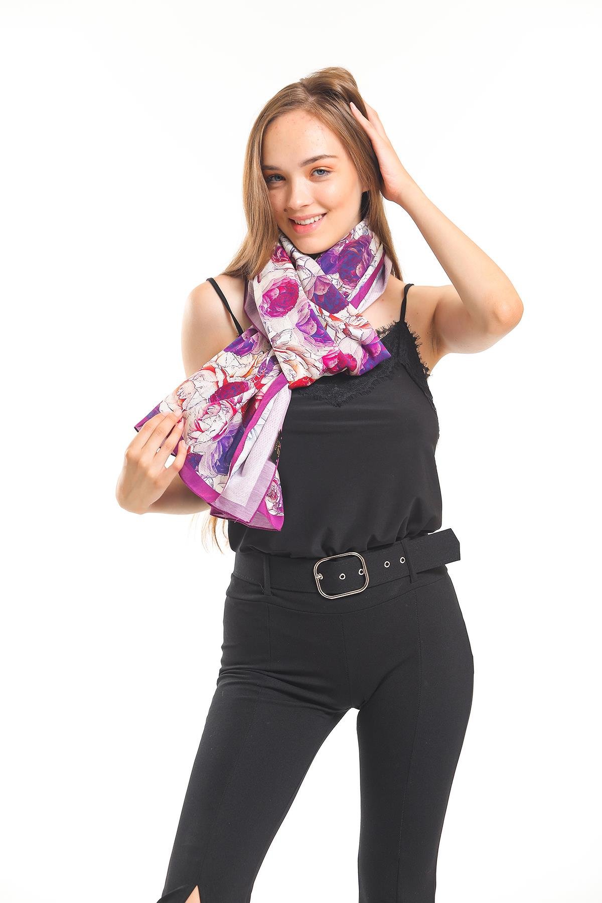 Çiçekli Desen Elegante Seri Viscon Şal Askısı İle Birlikte 75x200 cm