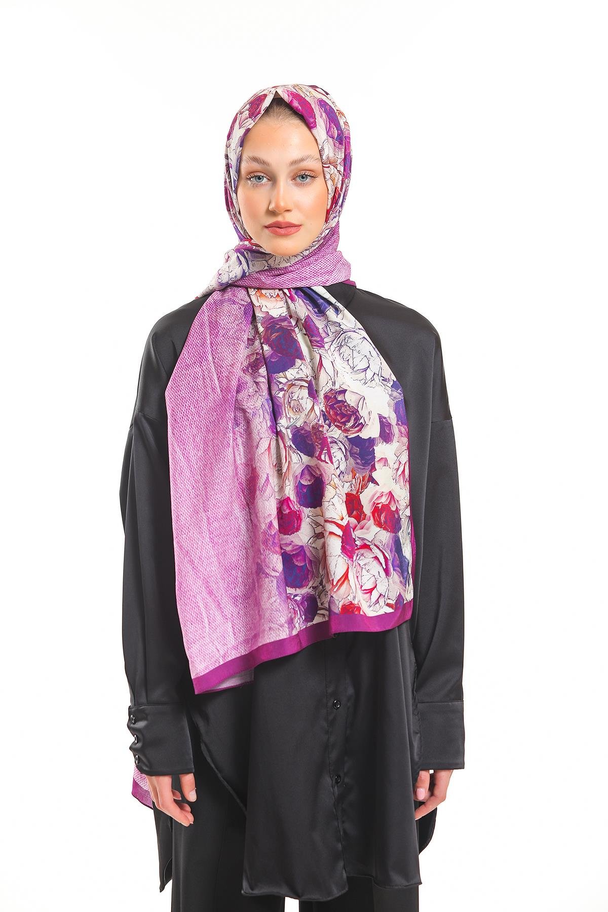 Çiçekli Desen Elegante Seri Viscon Şal Askısı İle Birlikte 75x200 cm