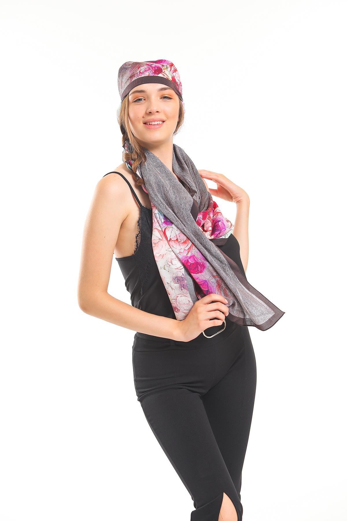 Çiçekli Desen Elegante Seri Viscon Şal Askısı İle Birlikte 75x200 cm
