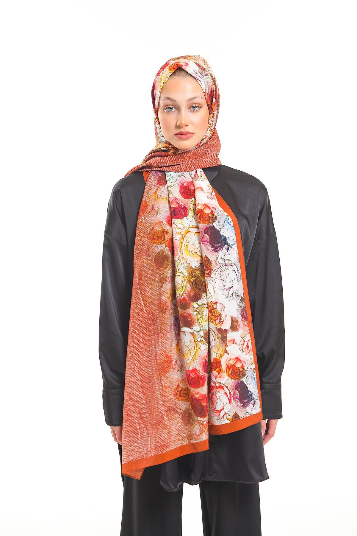 Çiçekli Desen Elegante Seri Viscon Şal Askısı İle Birlikte 75x200 cm