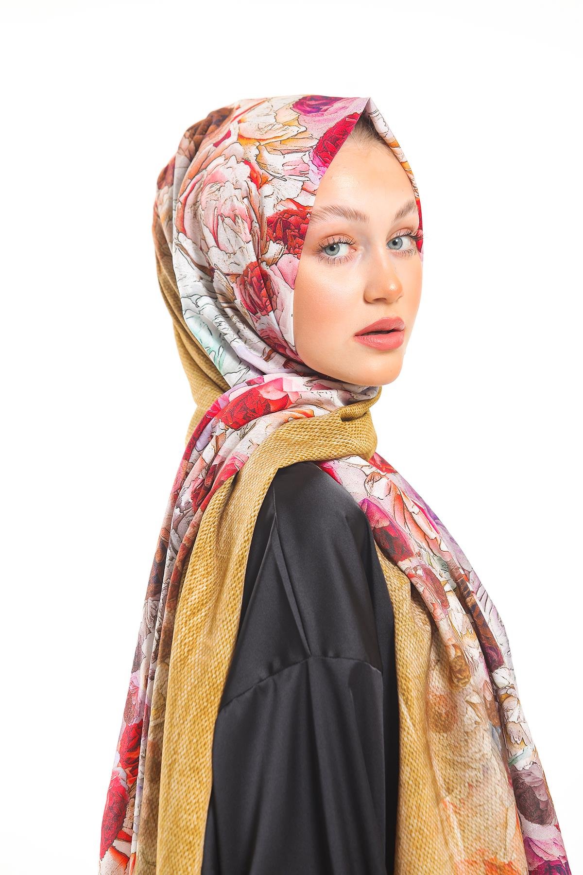 Çiçekli Desen Elegante Seri Viscon Şal Askısı İle Birlikte 75x200 cm