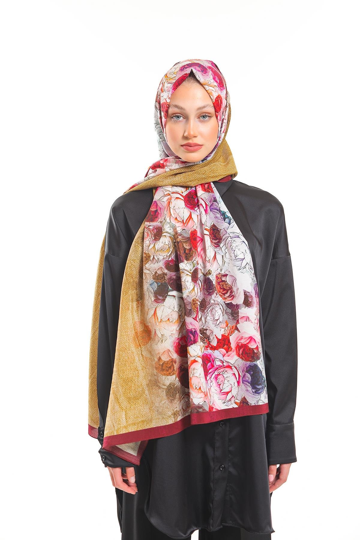 Çiçekli Desen Elegante Seri Viscon Şal Askısı İle Birlikte 75x200 cm