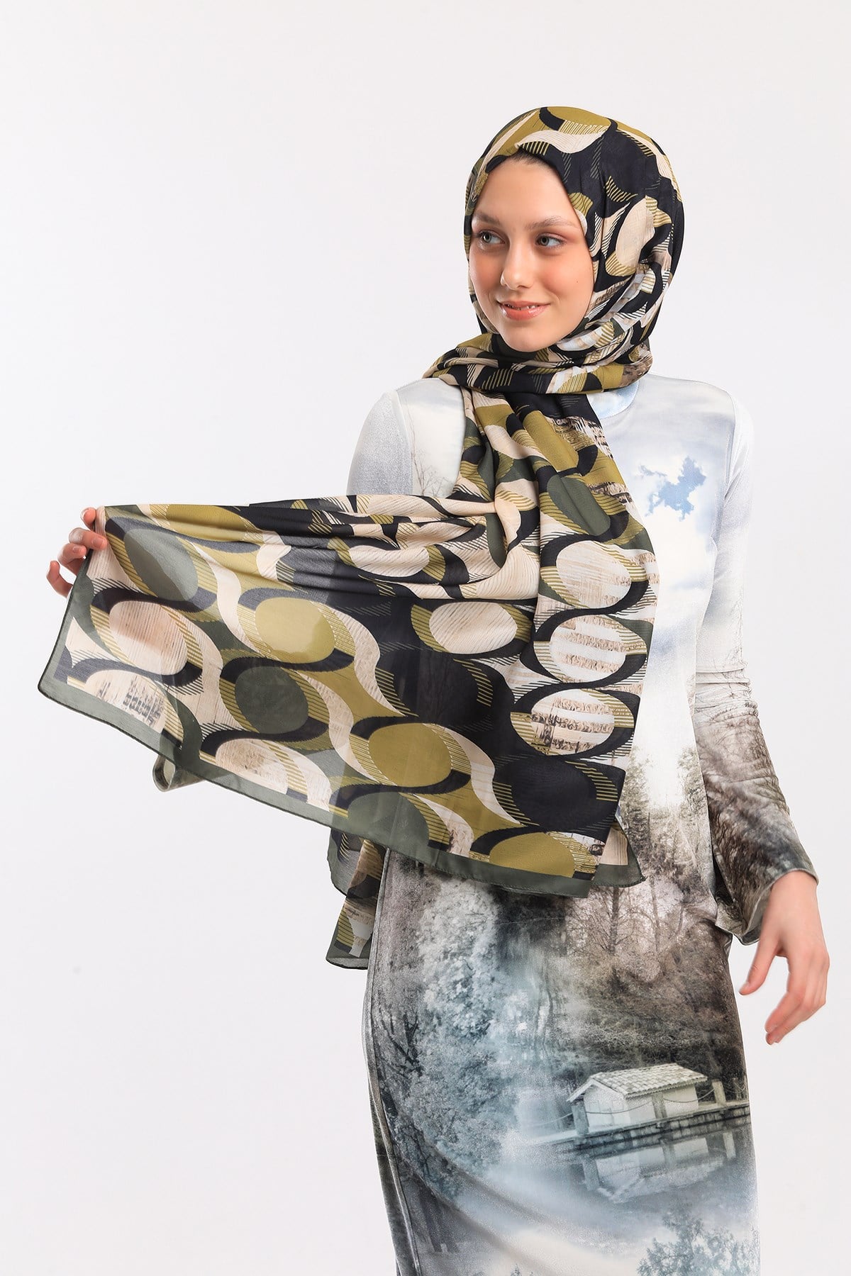 ŞALGeometrik Desen Pavia Seri Şal Eşarp Askısı ile Birlikte 90X200 cm