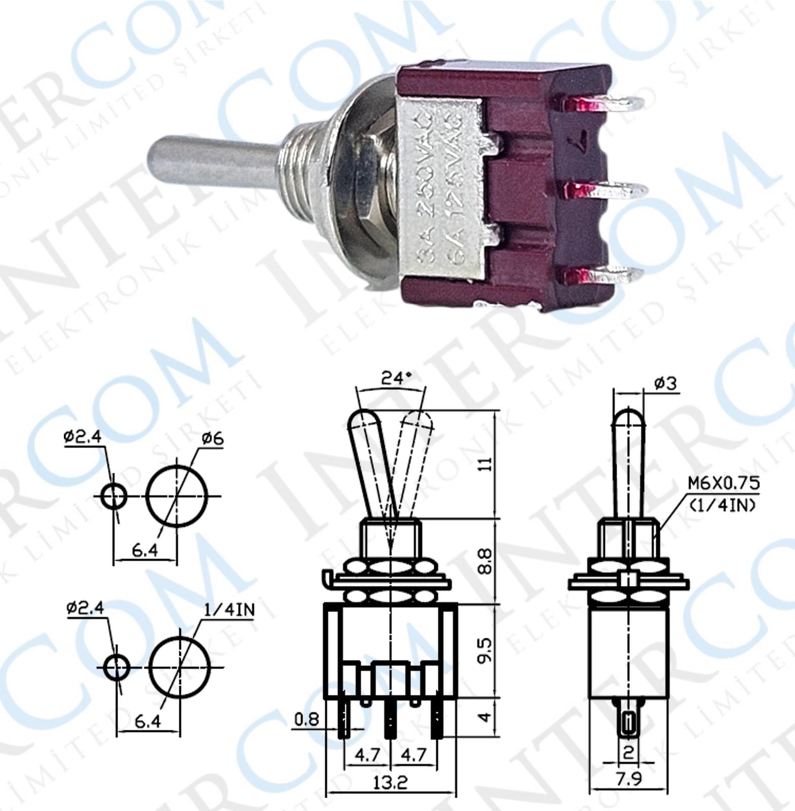 IC-140A Toggle Switch ON-OFF-ON (Kaliteli) Ø6mm MTS-103