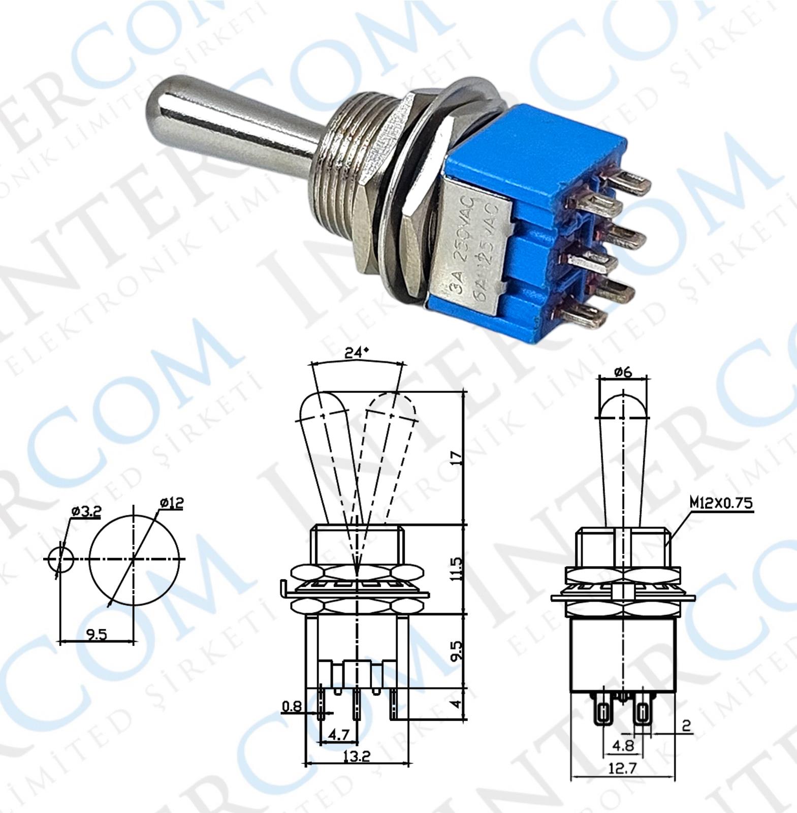 IC-148H Toggle Switch ON-OFF-ON Ø12mm MTS-203L