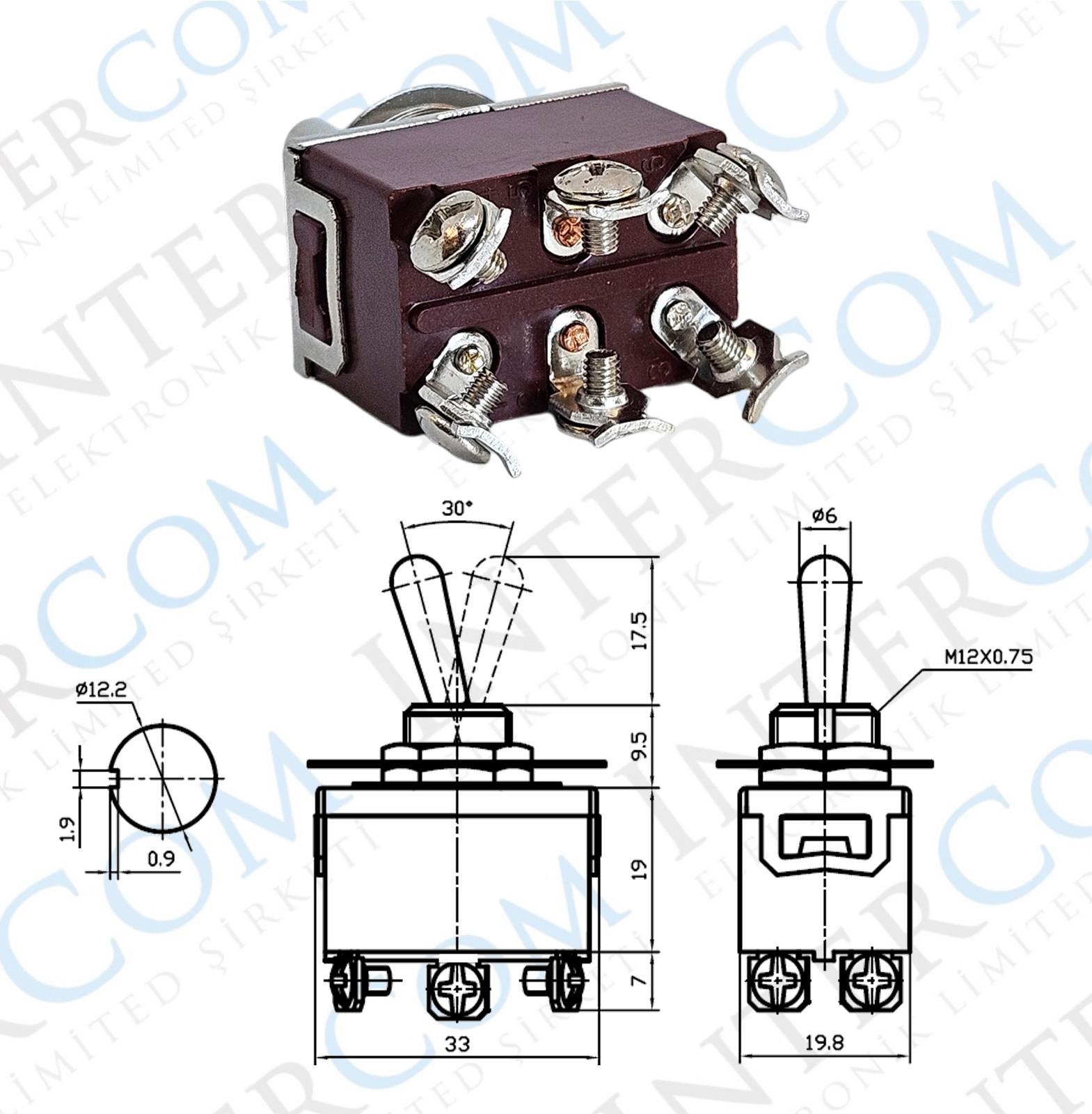 IC-158 Toggle Switch 6P ON-OFF-ON Ø12mm KN3C-203