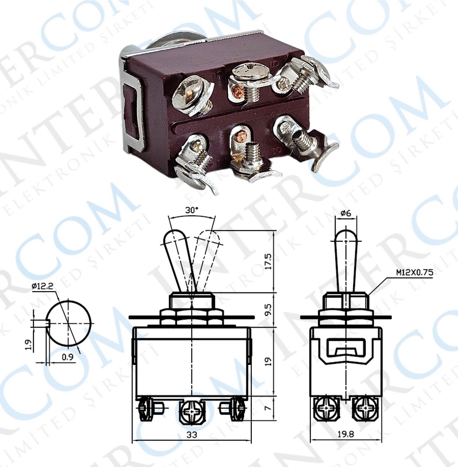 IC-159 Toggle Switch 6P ON-OFF-MOM Ø12mm KN3C-213
