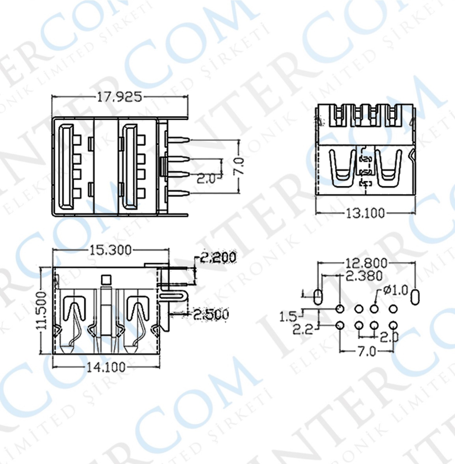 IC 265E USB 2.0 ŞASE A DİŞİ İKİLİ 90' SİYAH