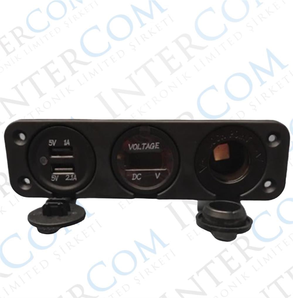 VOLTMETRE + ÇAKMAK GİRİŞİ + 2'Lİ USB + 3'LÜ KULAK  PANO TİP 28MM