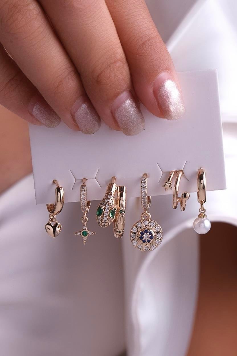 Altılı Küpe Seti Gold Renk Küpe Set - 6KSg5