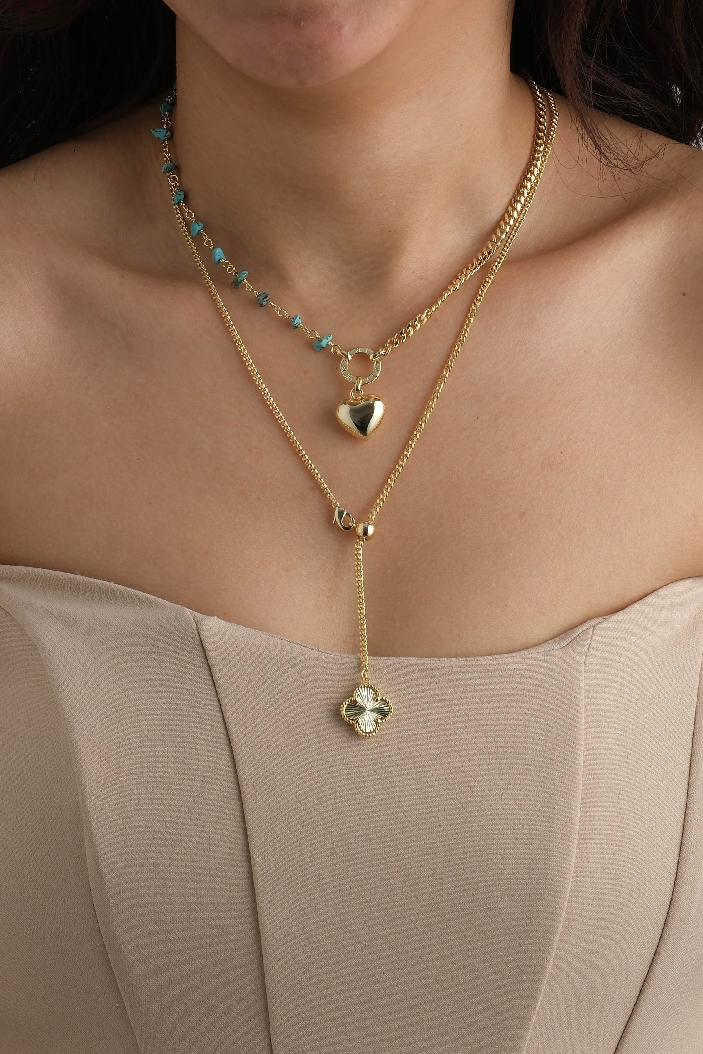 Asansörlü Yonca Mavi Kalp Kolye Seti