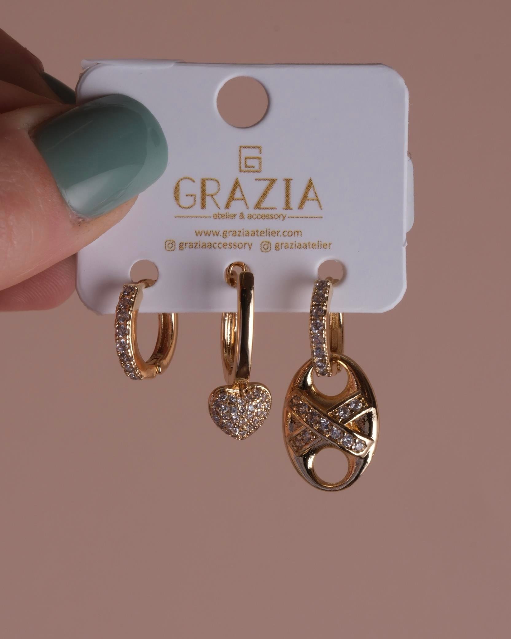 Gold Kalp Çarpı Üçlü Küpe Seti