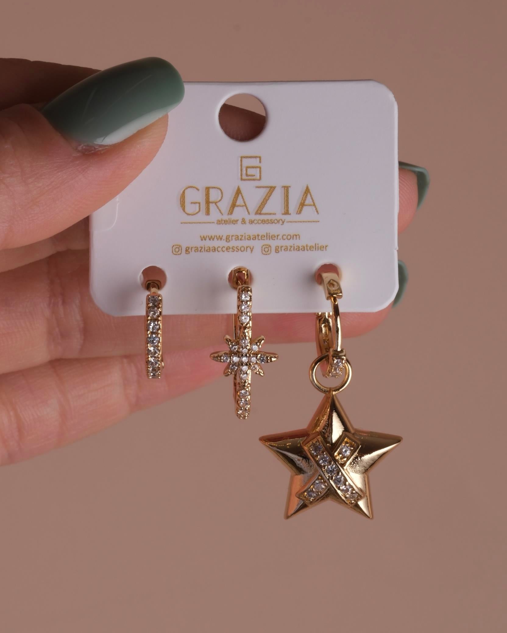 Gold Yıldız Çarpı Üçlü Küpe Seti 