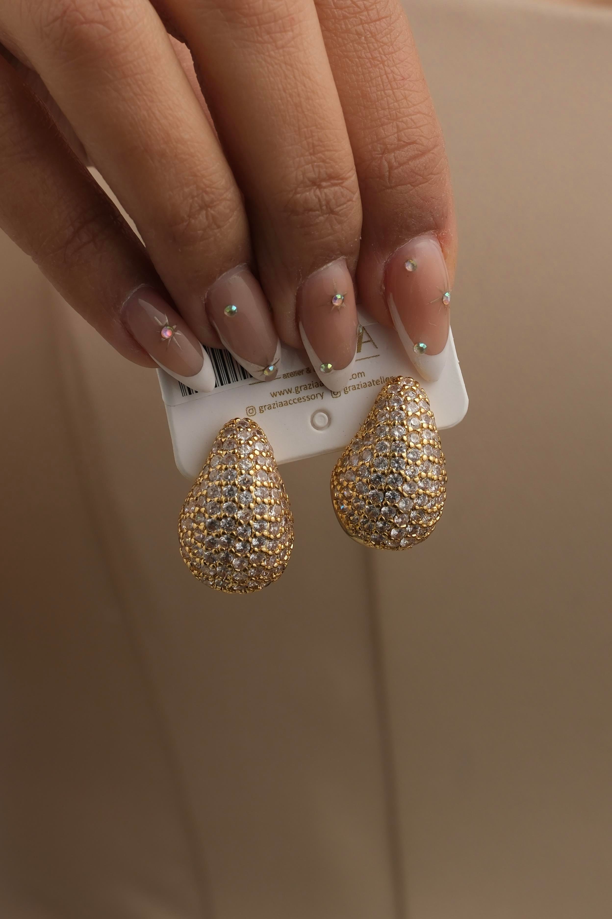 Gömme Taşlı Gold Damla Küpe
