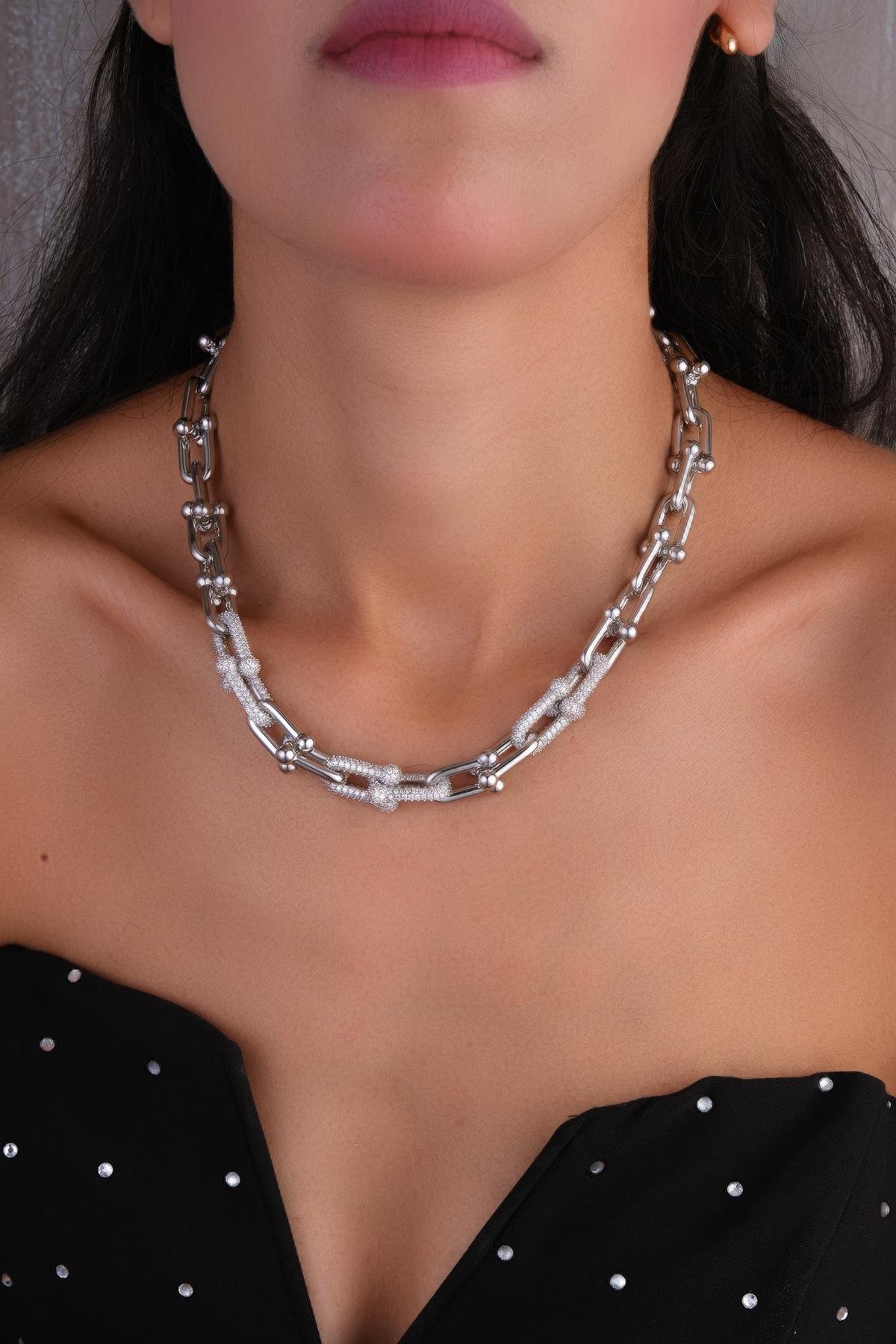 Gümüş Kalın Tiffany Zirkon Taşlı Kolye KST-30
