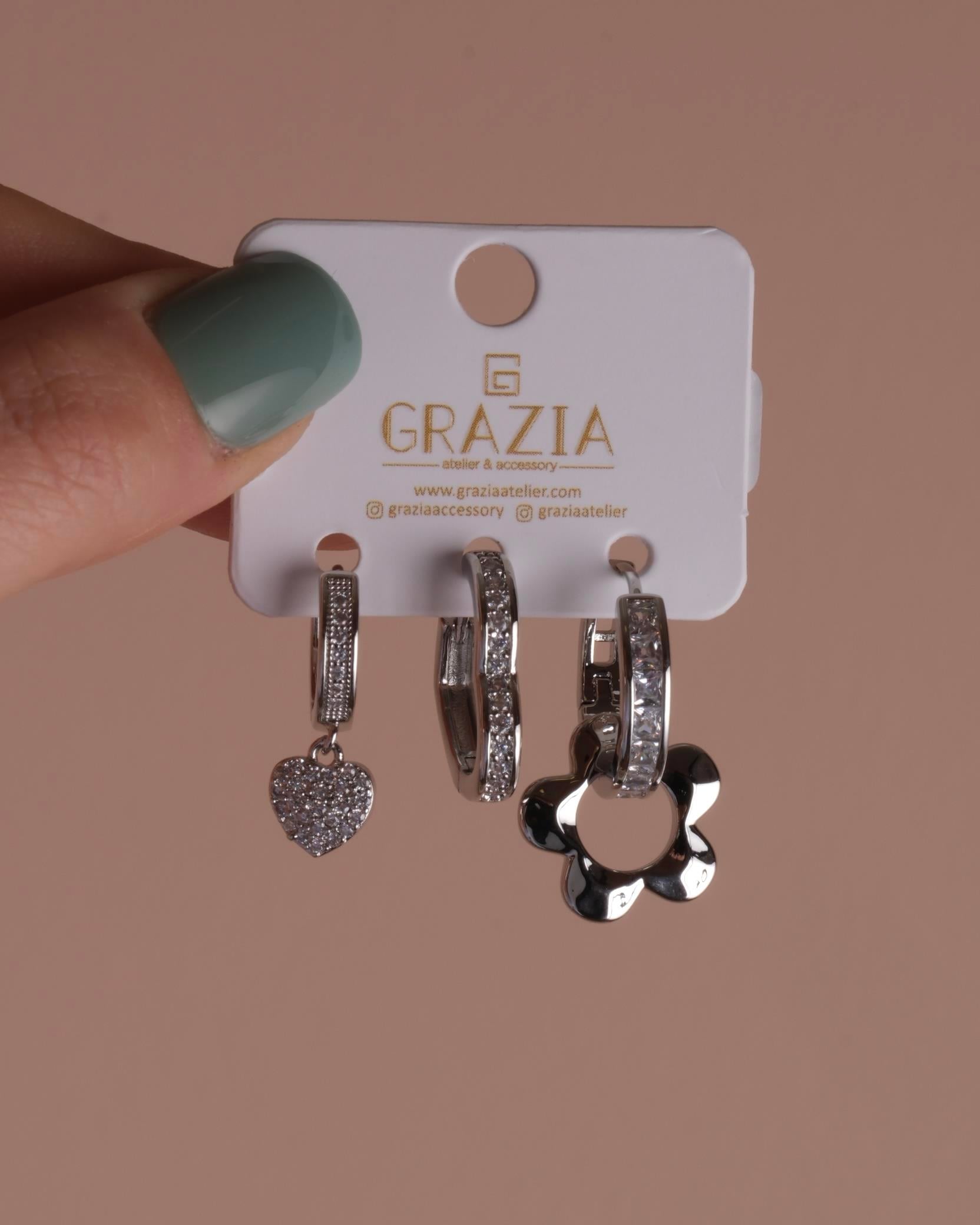 Silver Kalp Çiçek Üçlü Küpe Seti