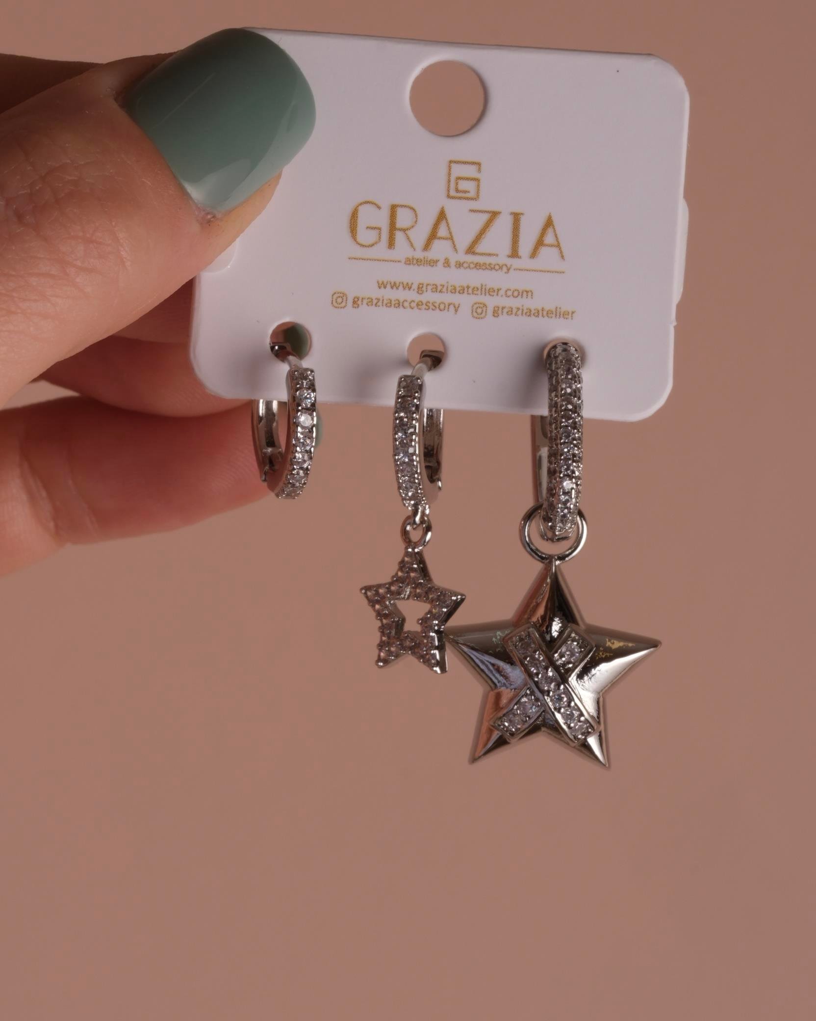 Silver Minik Yıldızlı Üçlü Küpe Seti