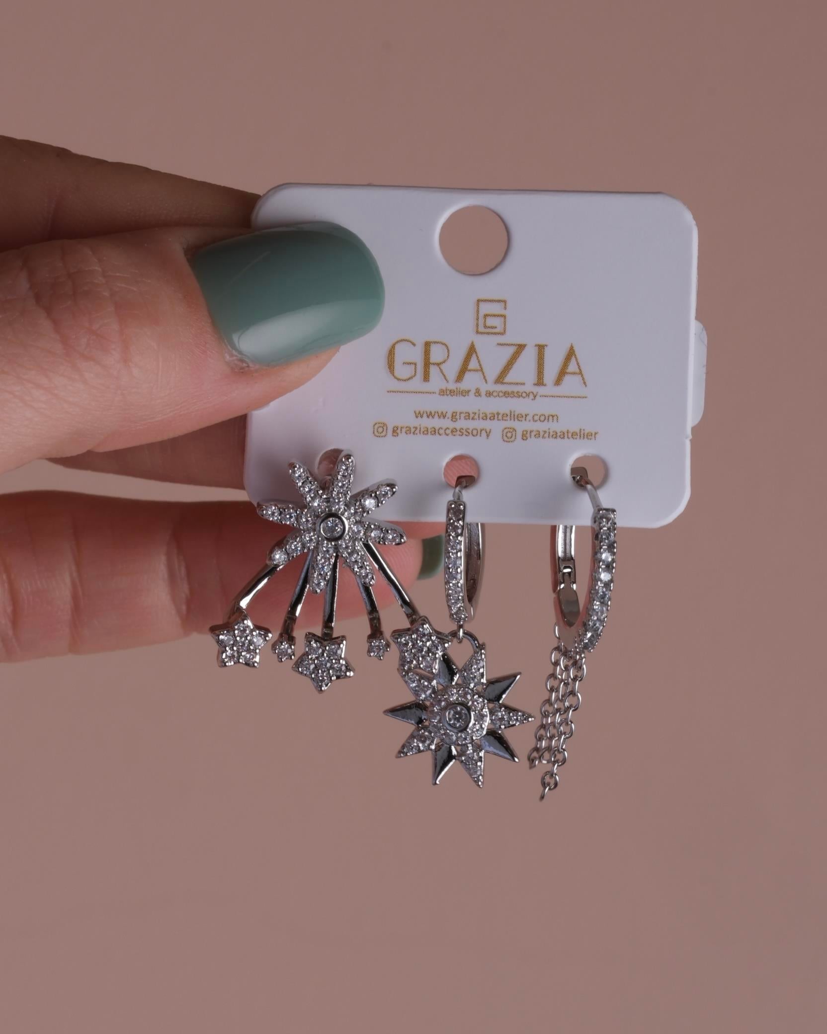 Silver  Yelpaze Çiçek Üçlü Küpe Seti