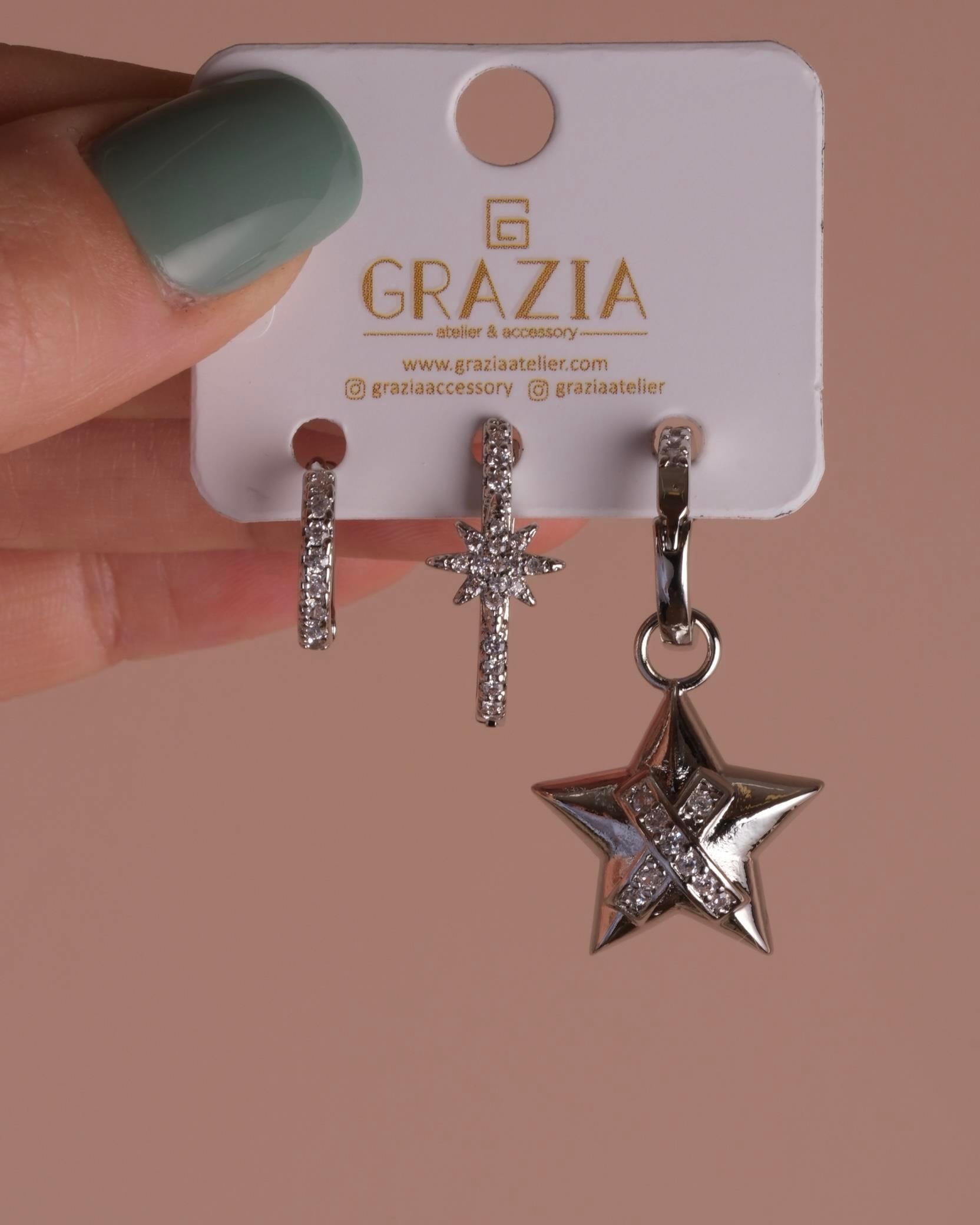 Silver Yıldız Çarpı Üçlü Küpe Seti 