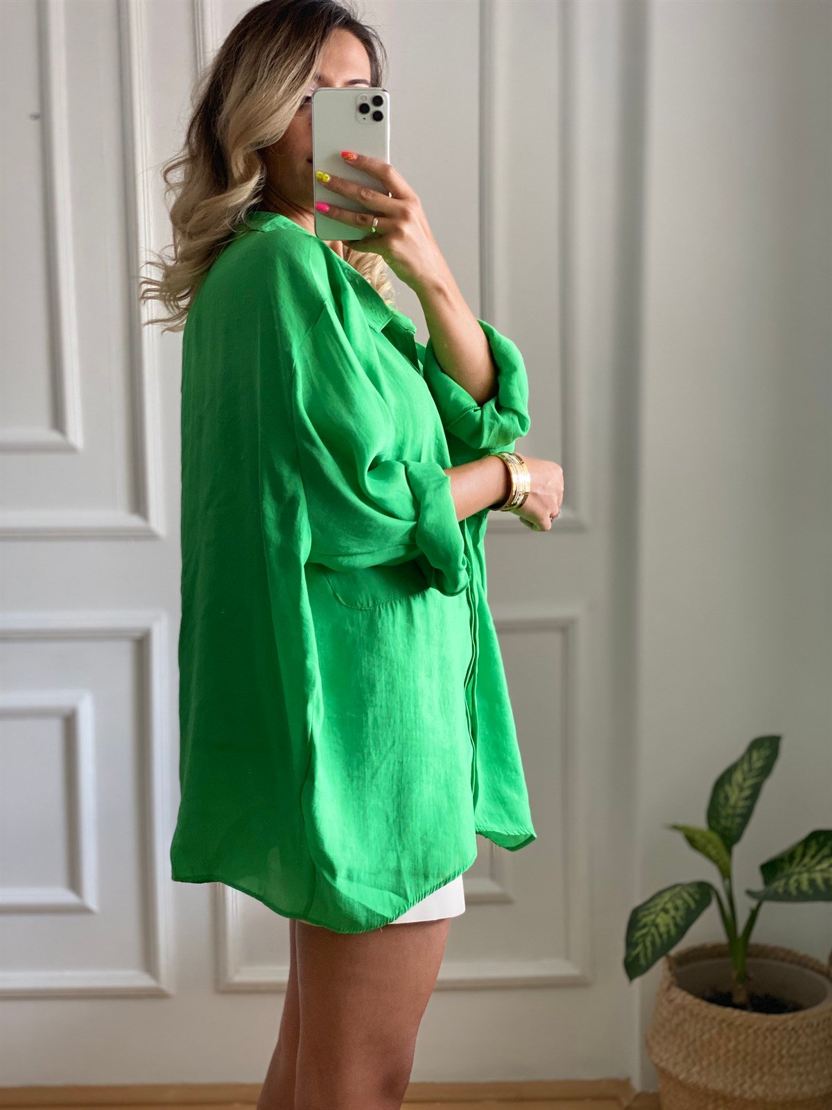 Yeşil Tensel Kumaş Düşük Omuzlu Oversize Gömlek