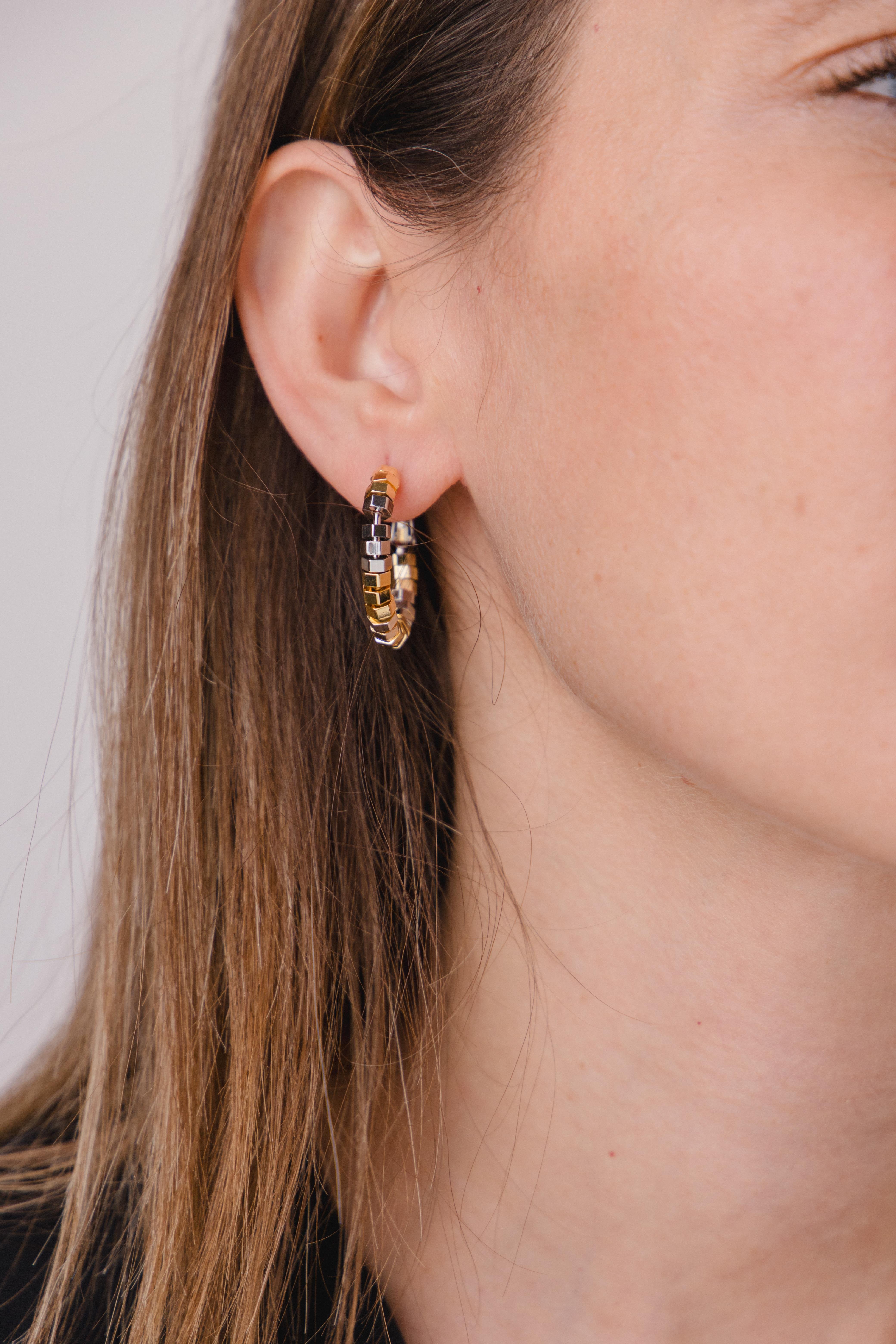 Altıgen Biyeli 2cm Gold Gümüş Halka Küpe