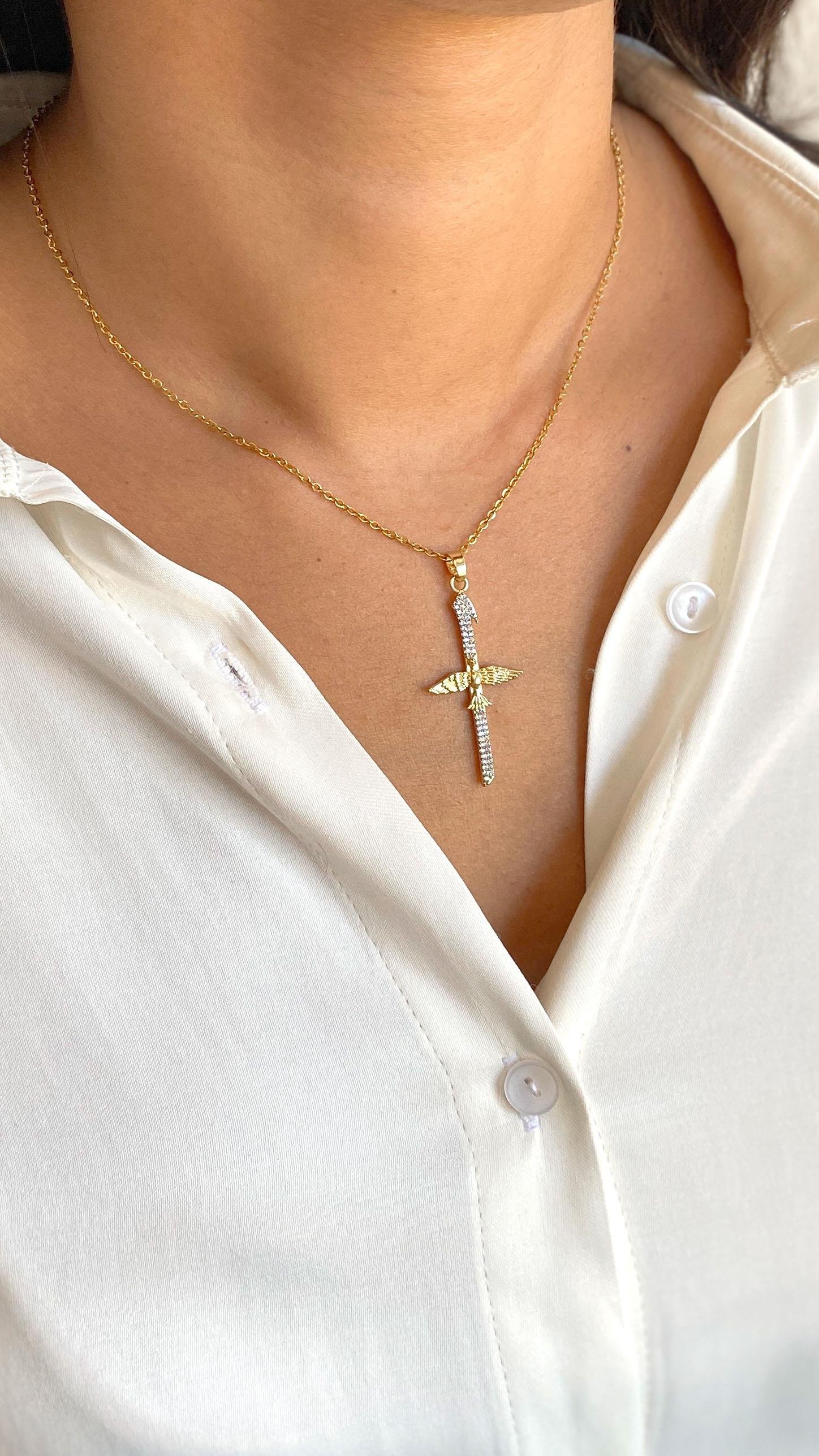 Anka Kuşu ve Elif Figürlü Zirkon Taşlı Gold Gümüş Çelik Kolye