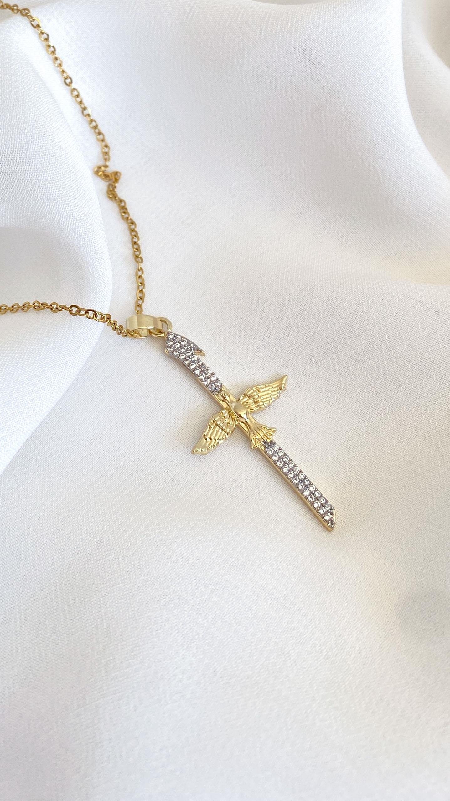 Anka Kuşu ve Elif Figürlü Zirkon Taşlı Gold Gümüş Çelik Kolye