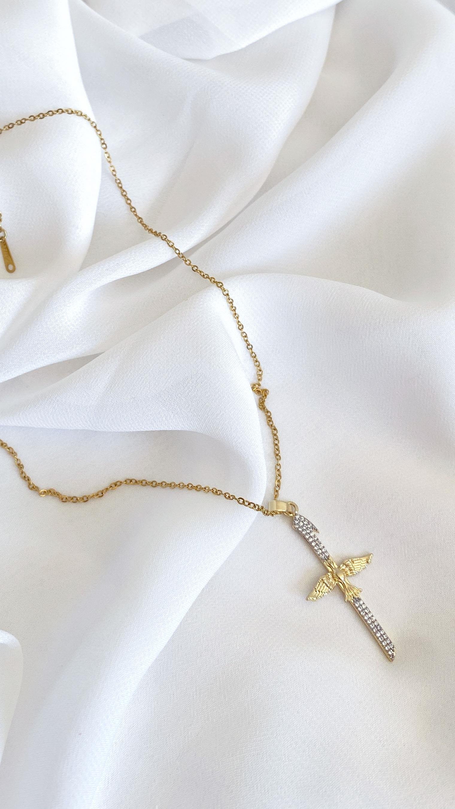 Anka Kuşu ve Elif Figürlü Zirkon Taşlı Gold Gümüş Çelik Kolye