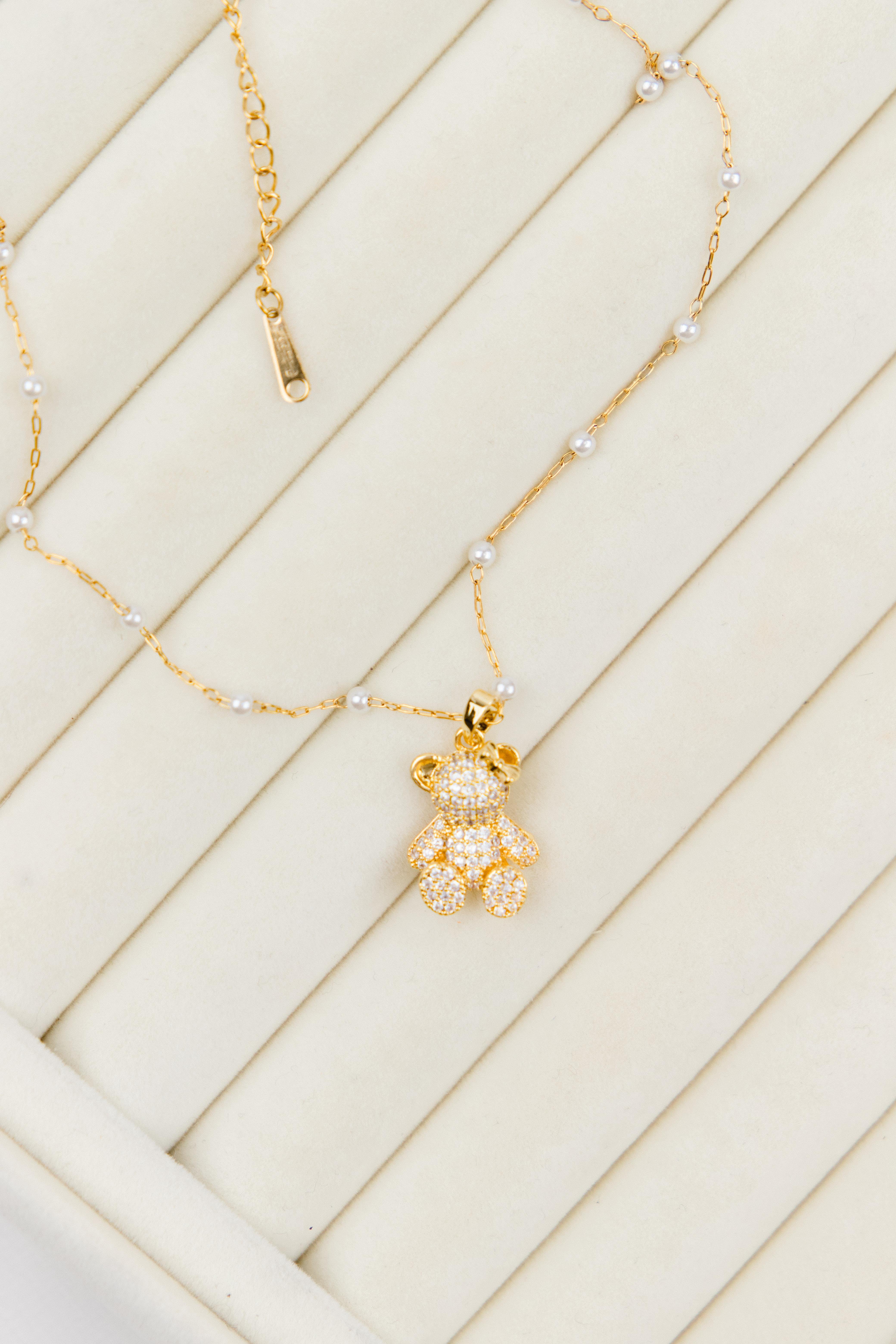 Ayıcık Figürlü Zirkon Taşlı İnci Sıralı Zincirli Gold Çelik Kolye