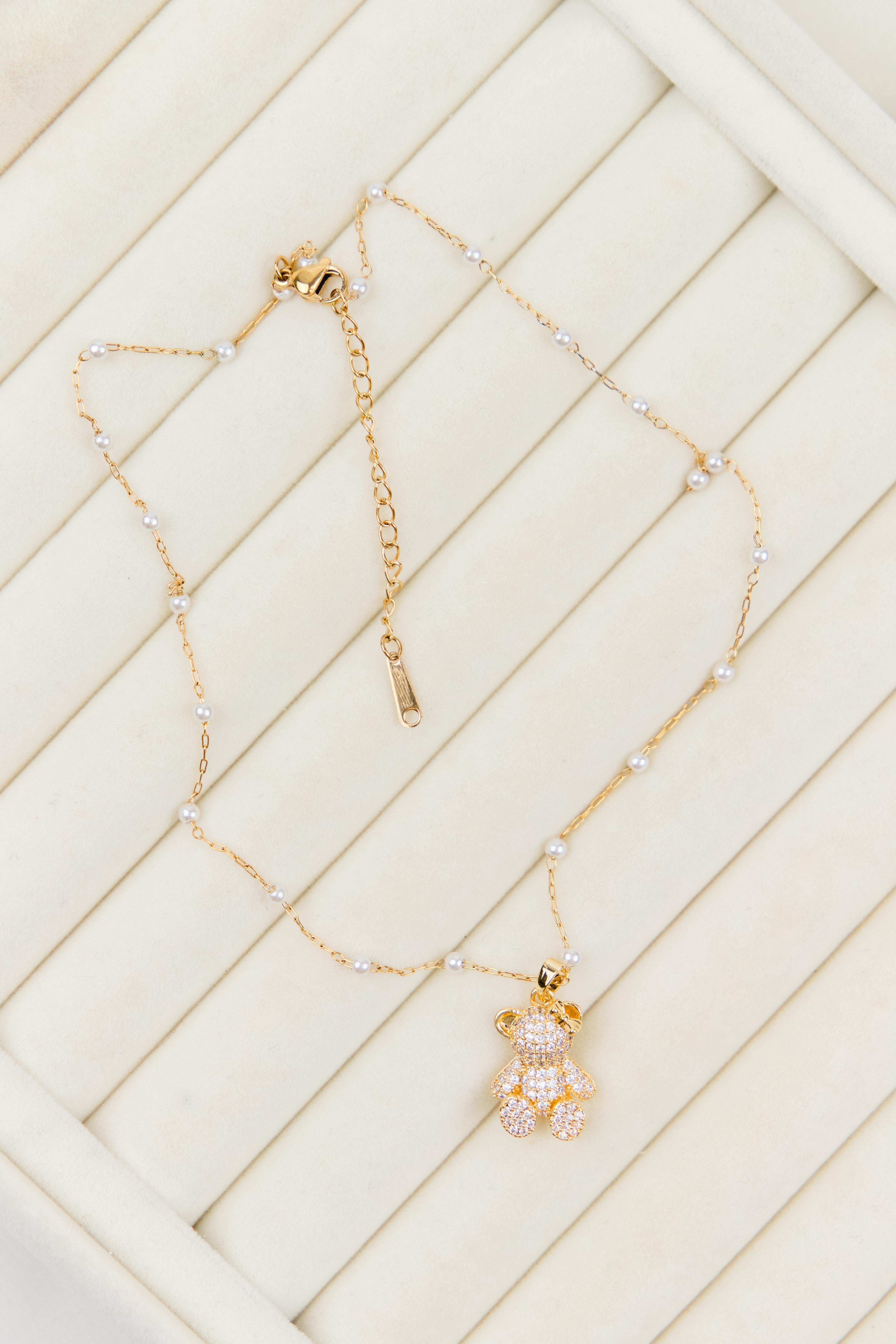 Ayıcık Figürlü Zirkon Taşlı İnci Sıralı Zincirli Gold Çelik Kolye