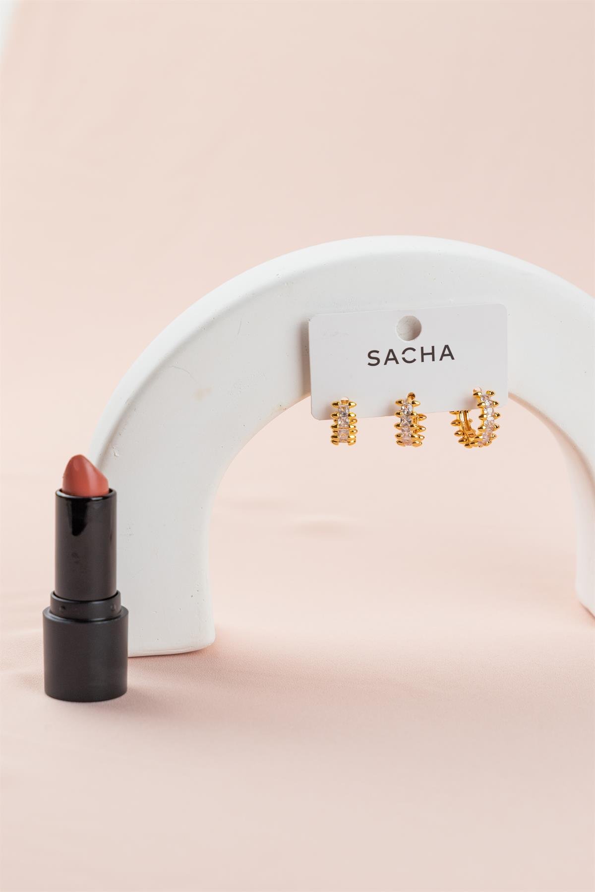 Baget Taşlı Gold Halka Set Küpe