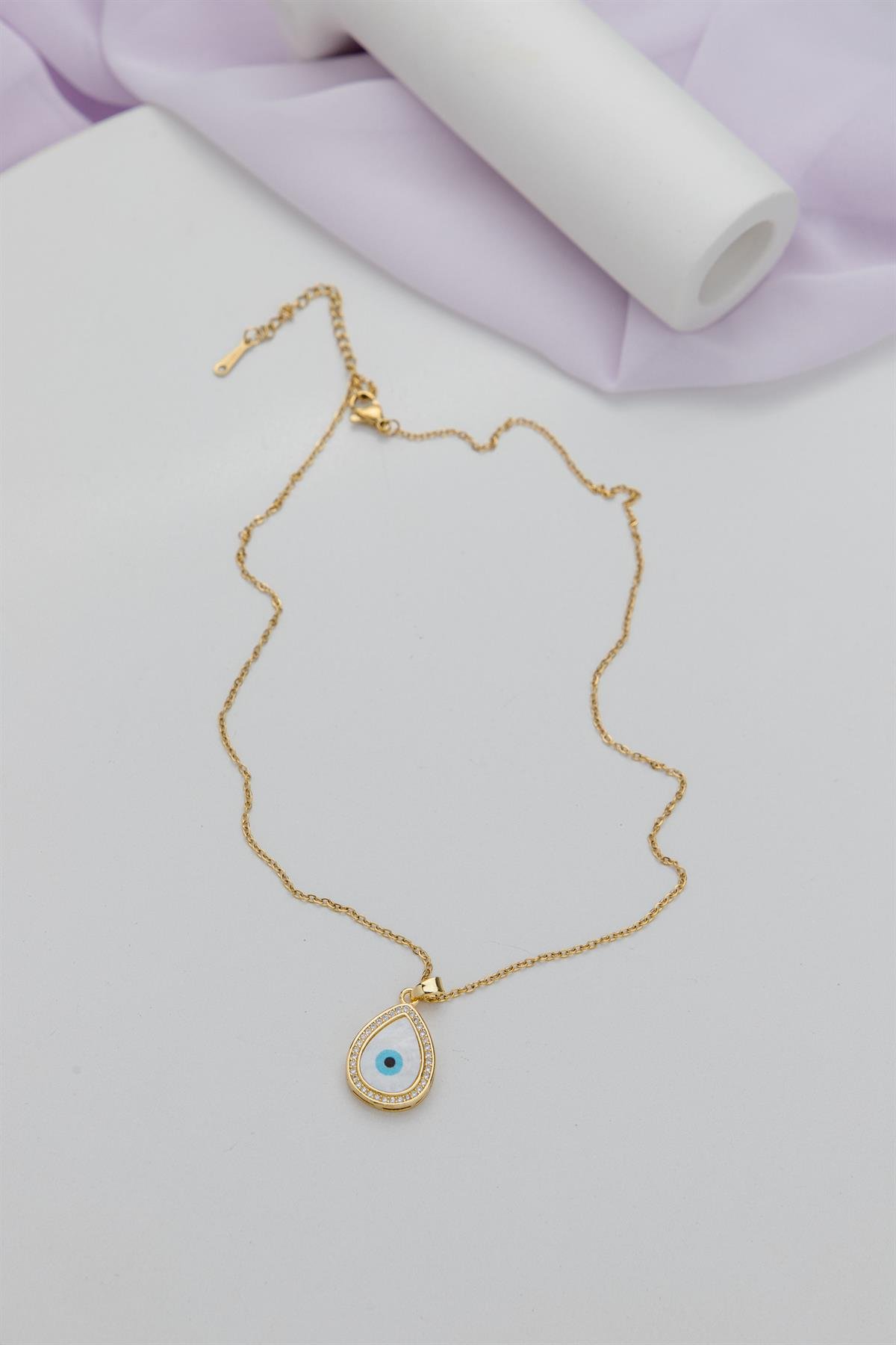 Damla Plaka Nazarlı Gold Çelik Kolye