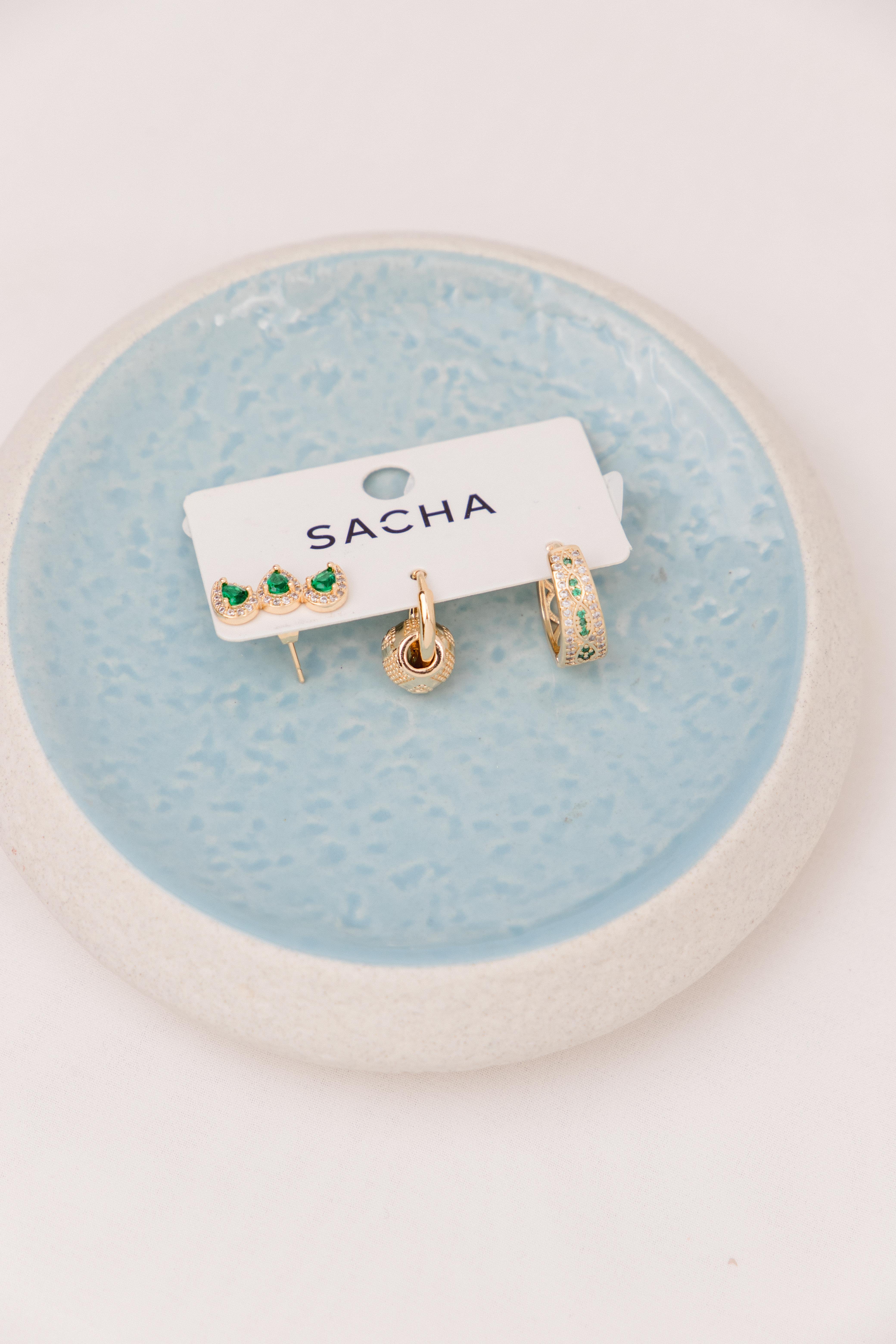 Damla Taşlı Göz Desenli Gold Set Küpe