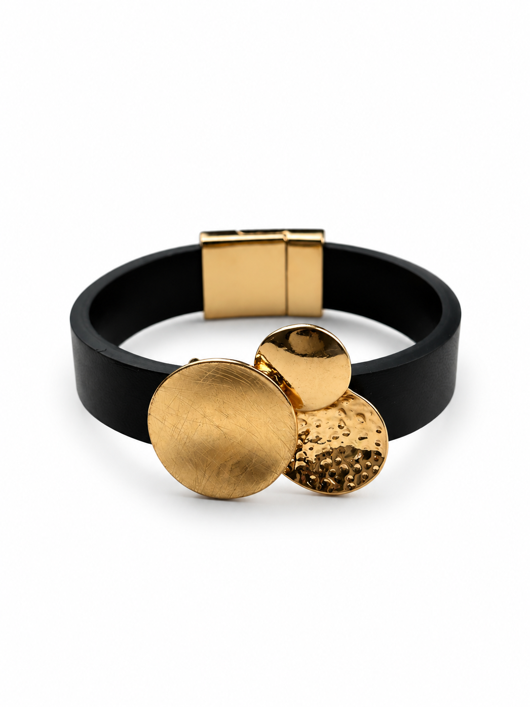 Dokulu Disk Tasarım Deri Gold Mıknatıslı Bileklik