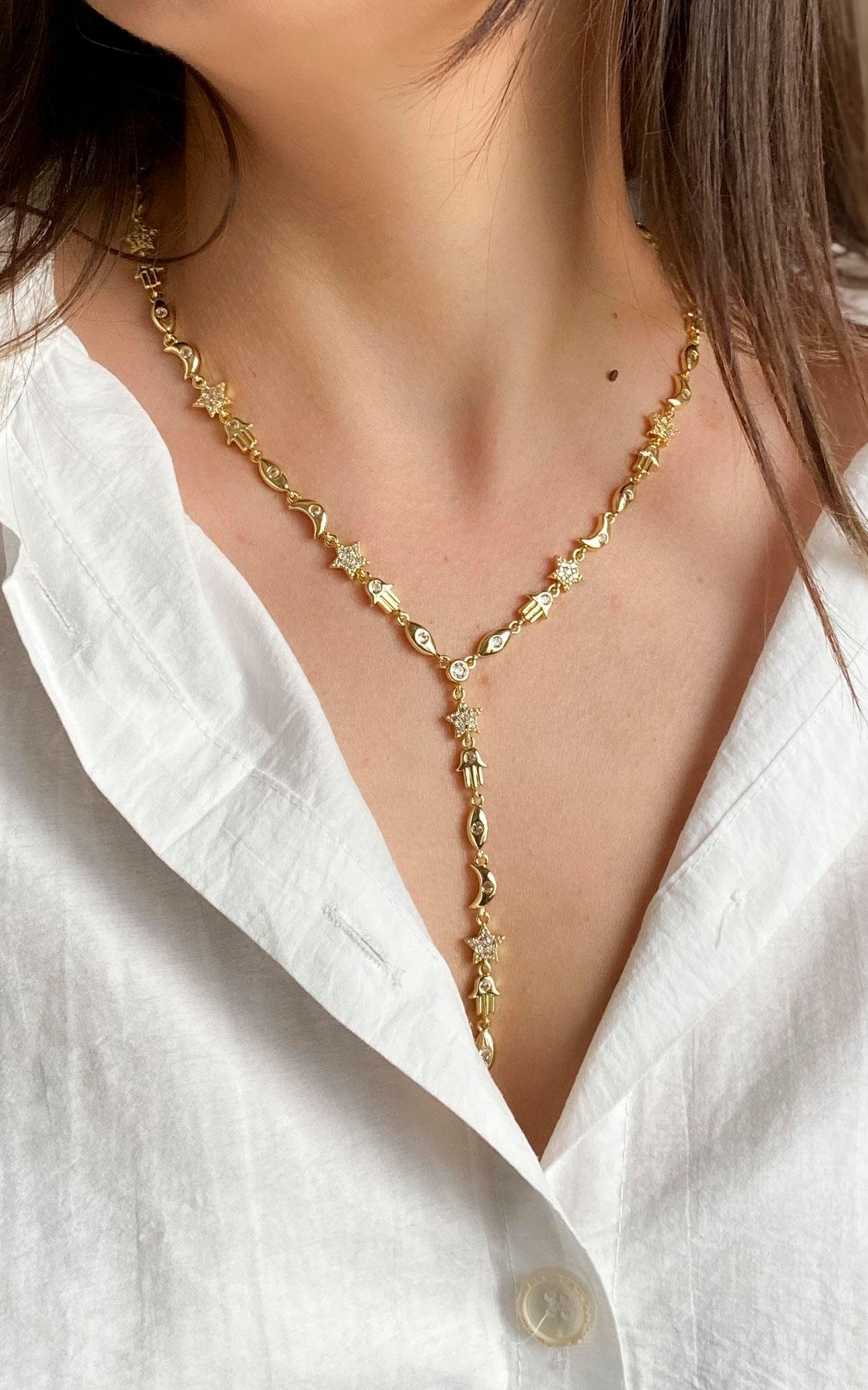 Figürlü Zirkon Taş Detaylı Gold Y Kolye