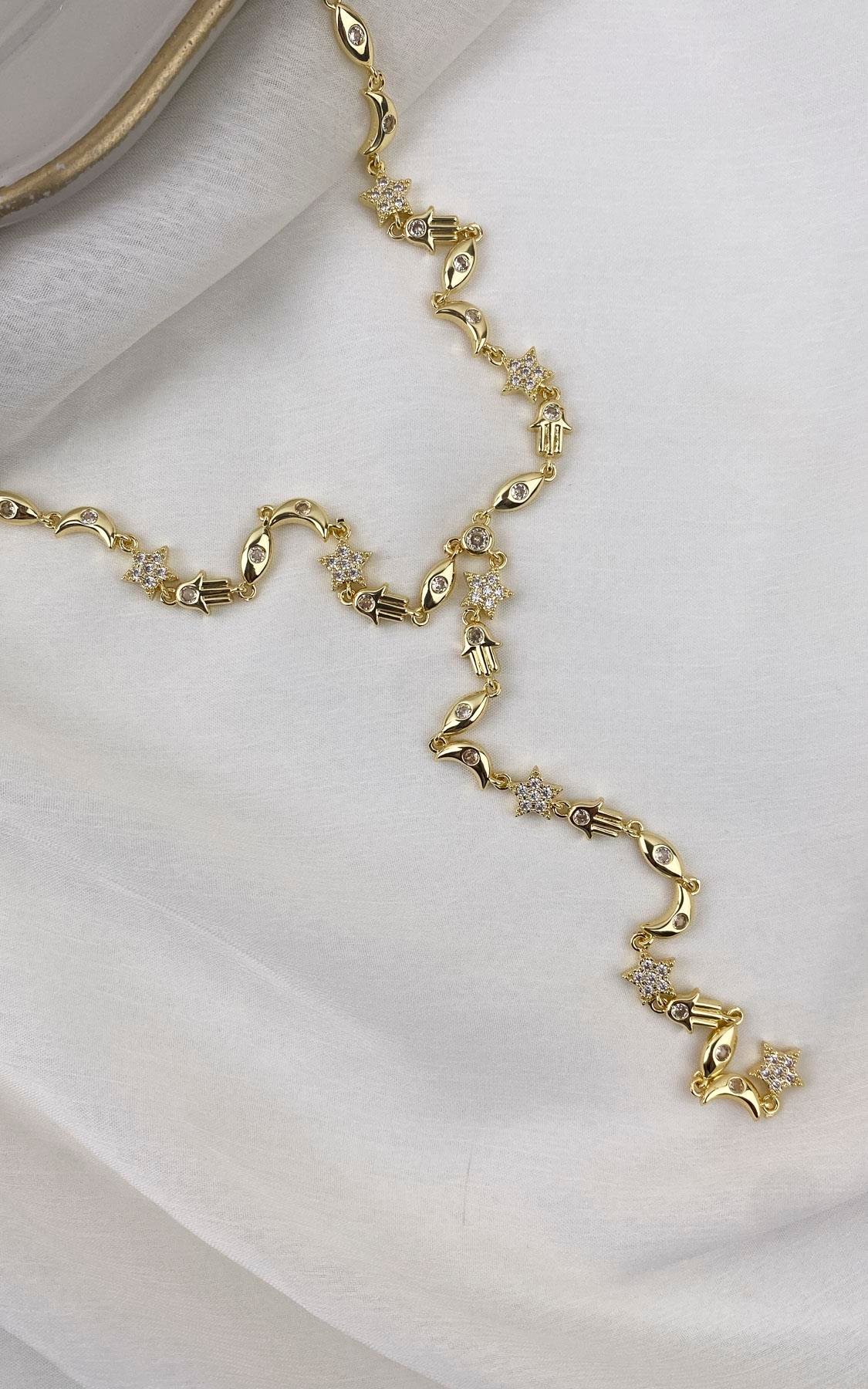 Figürlü Zirkon Taş Detaylı Gold Y Kolye