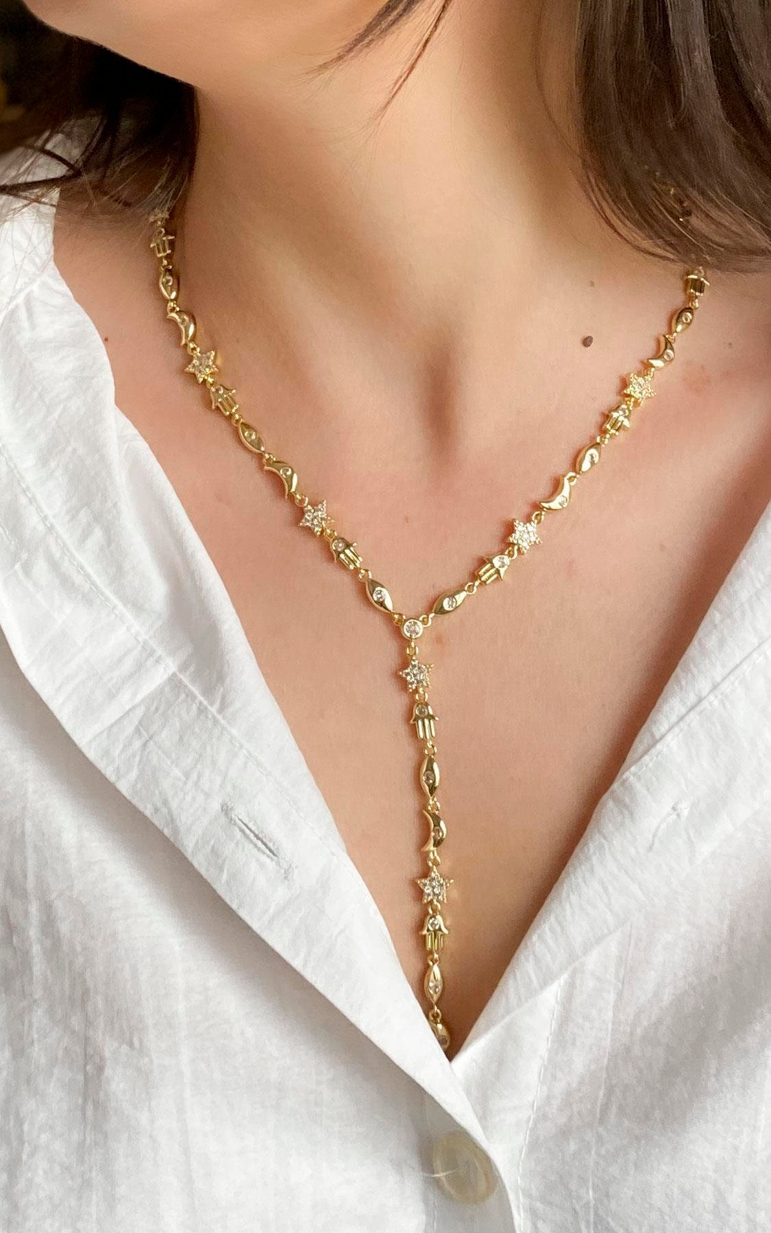 Figürlü Zirkon Taş Detaylı Gold Y Kolye