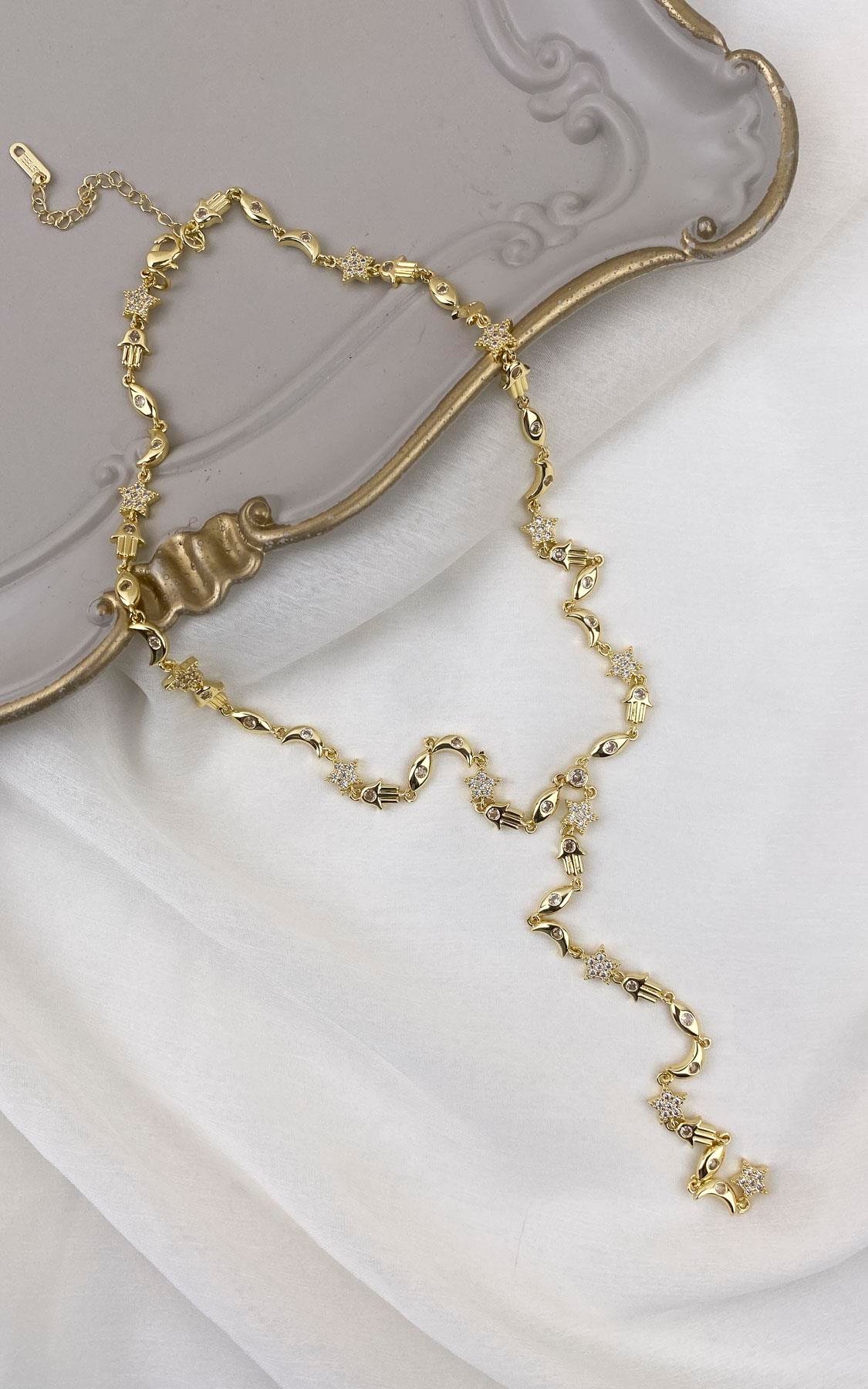 Figürlü Zirkon Taş Detaylı Gold Y Kolye