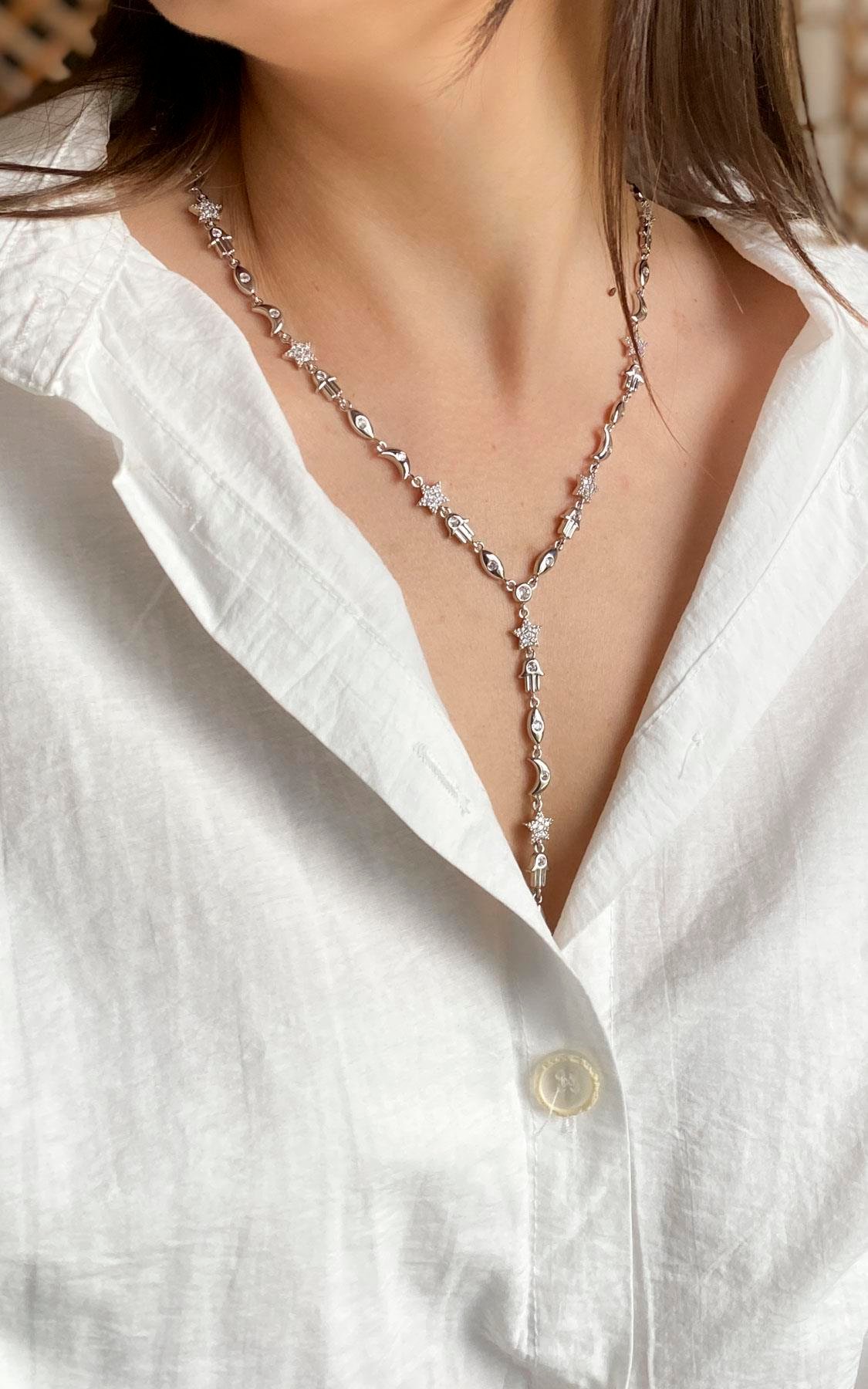 Figürlü Zirkon Taş Detaylı Gümüş Y Kolye