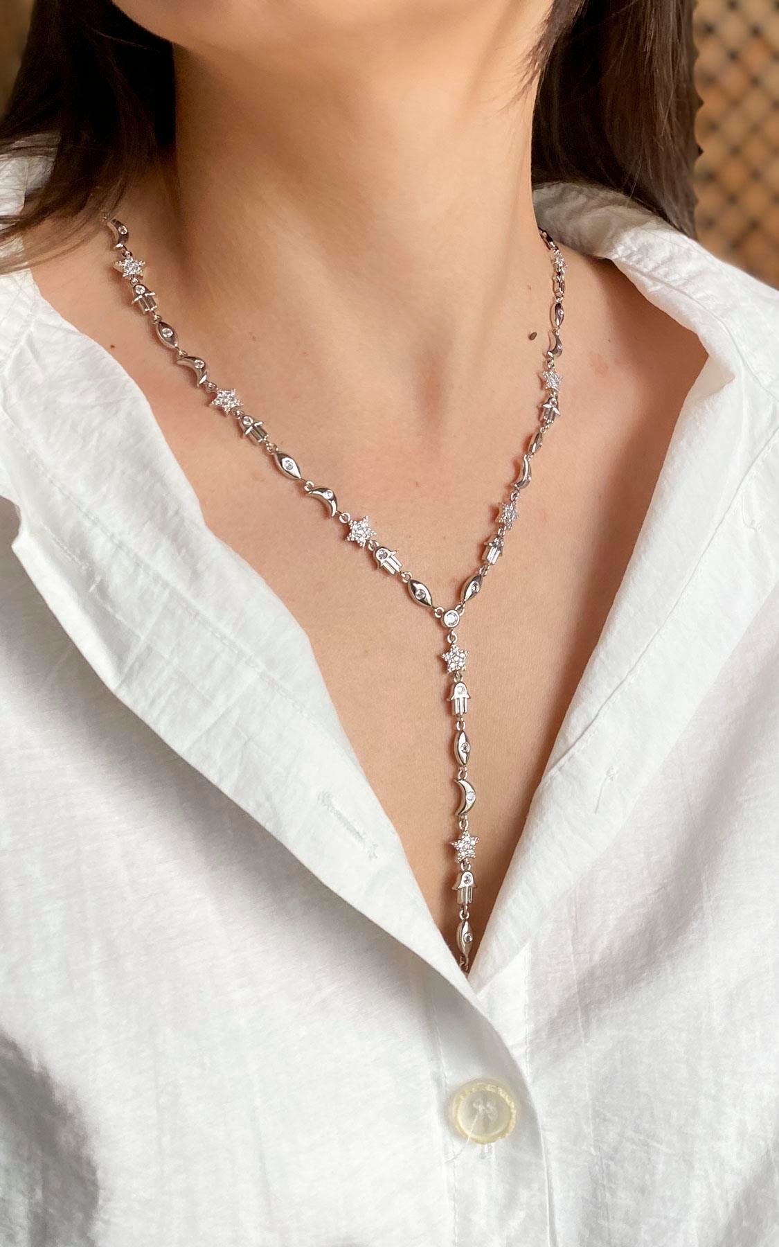 Figürlü Zirkon Taş Detaylı Gümüş Y Kolye