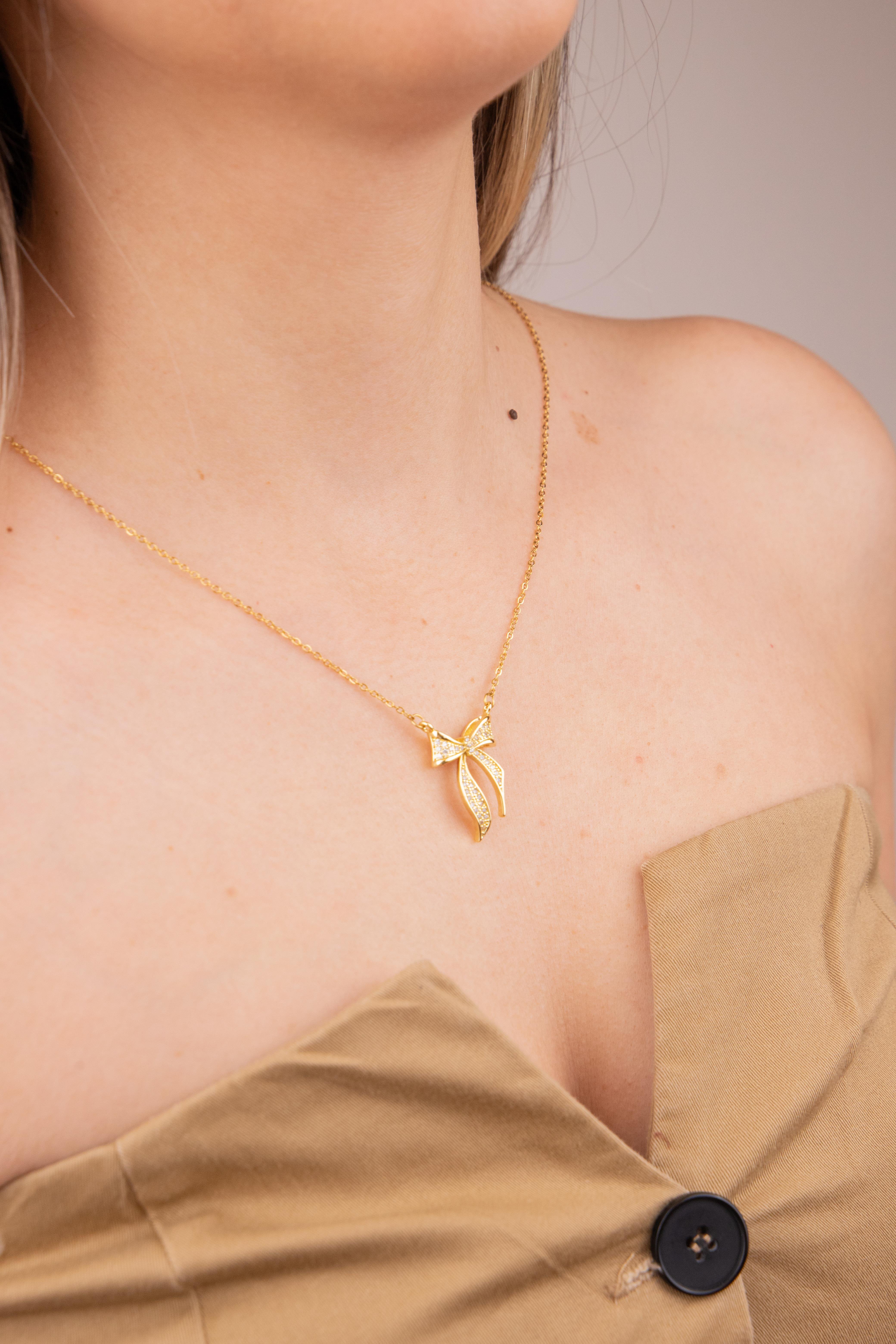 Fiyonk Figürlü Taşlı Gold Çelik Kolye