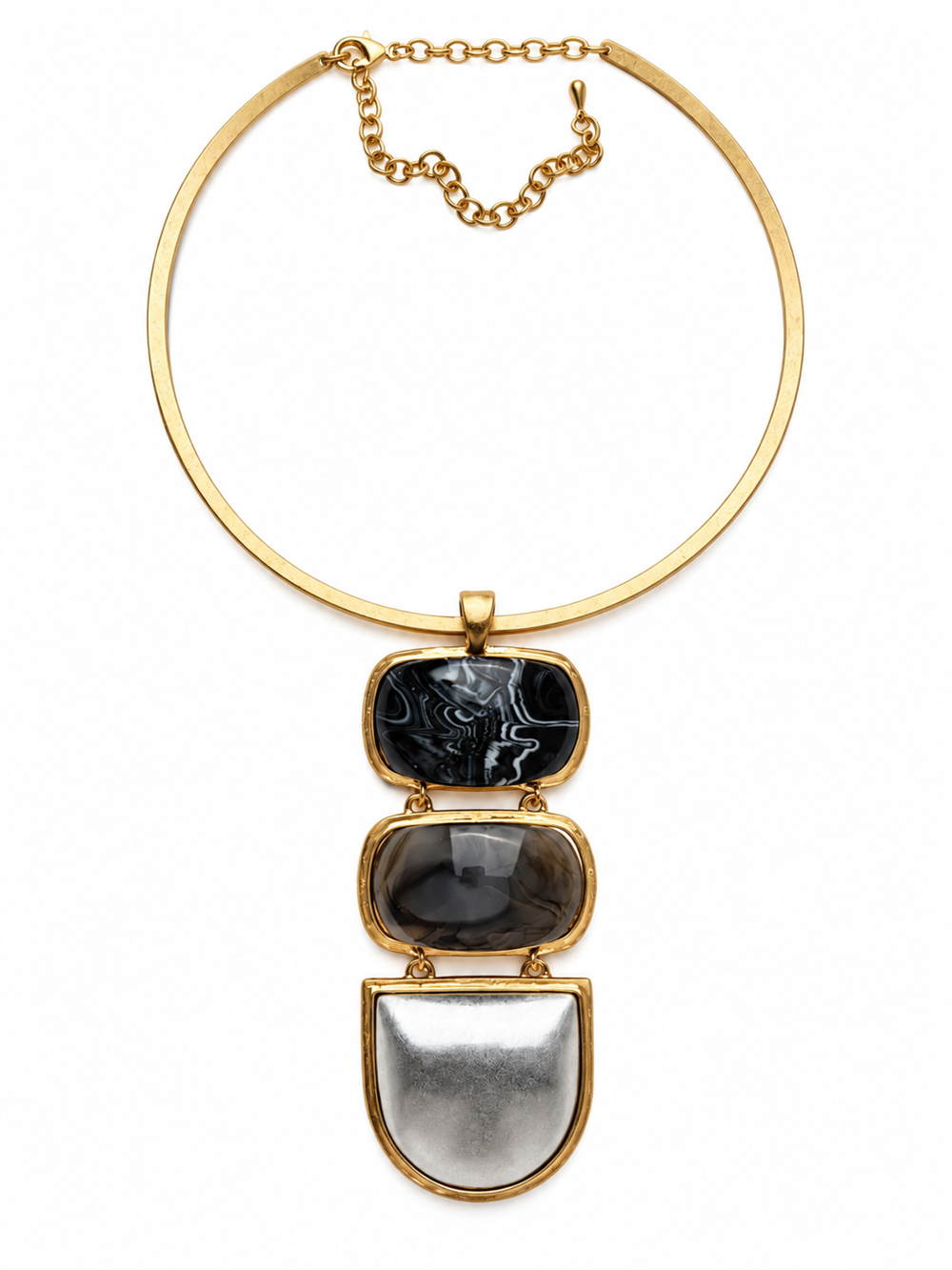 Geometrik Formlu Siyah Silver Taşlı Gold Kolye
