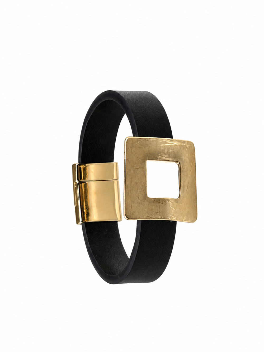 Geometrik Kare Plaka Mat Gold Deri Mıknatıslı Bileklik