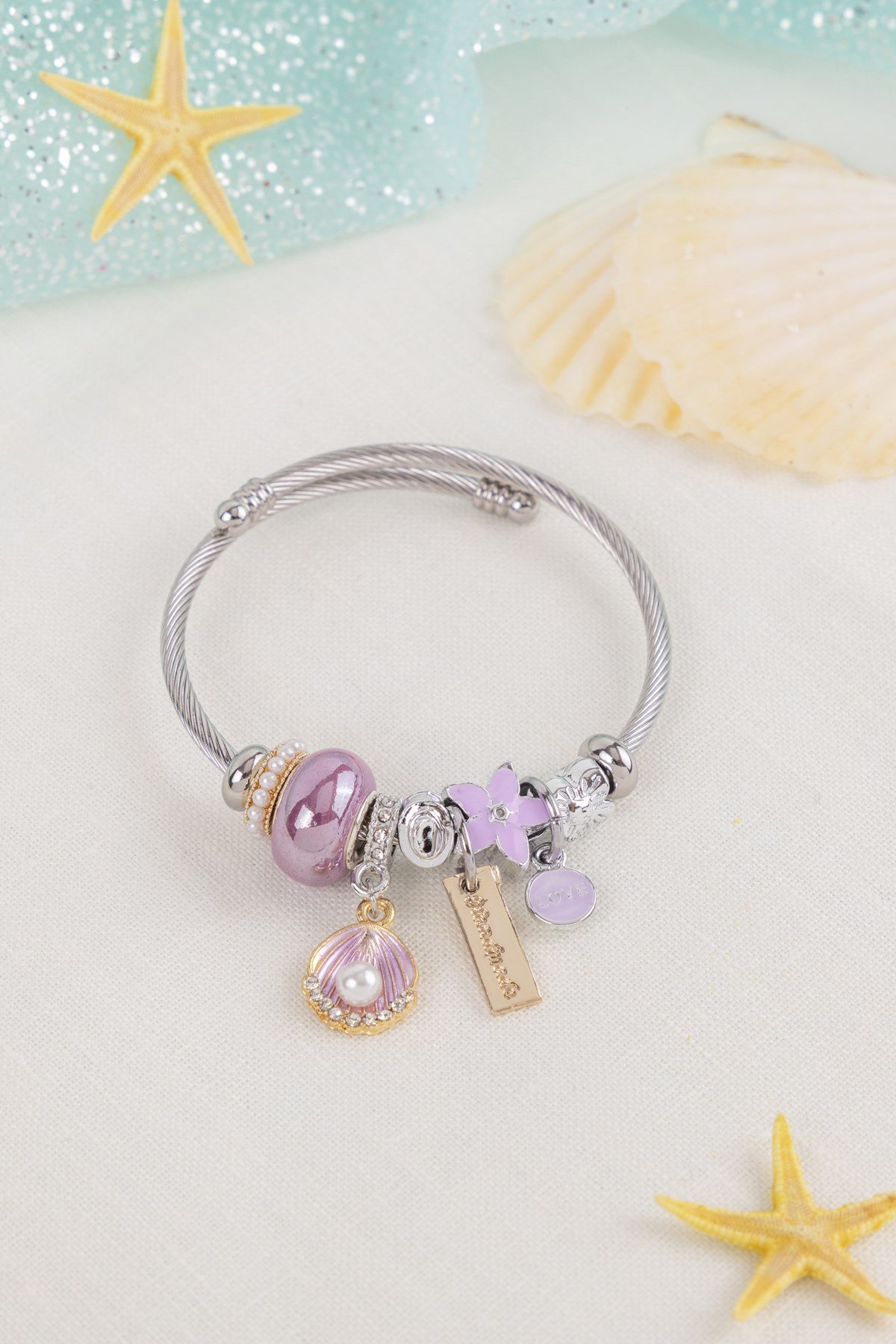 İstiridye ve Deniz Kabuğu Figürlü 5cm Gümüş Lila Charm Bileklik