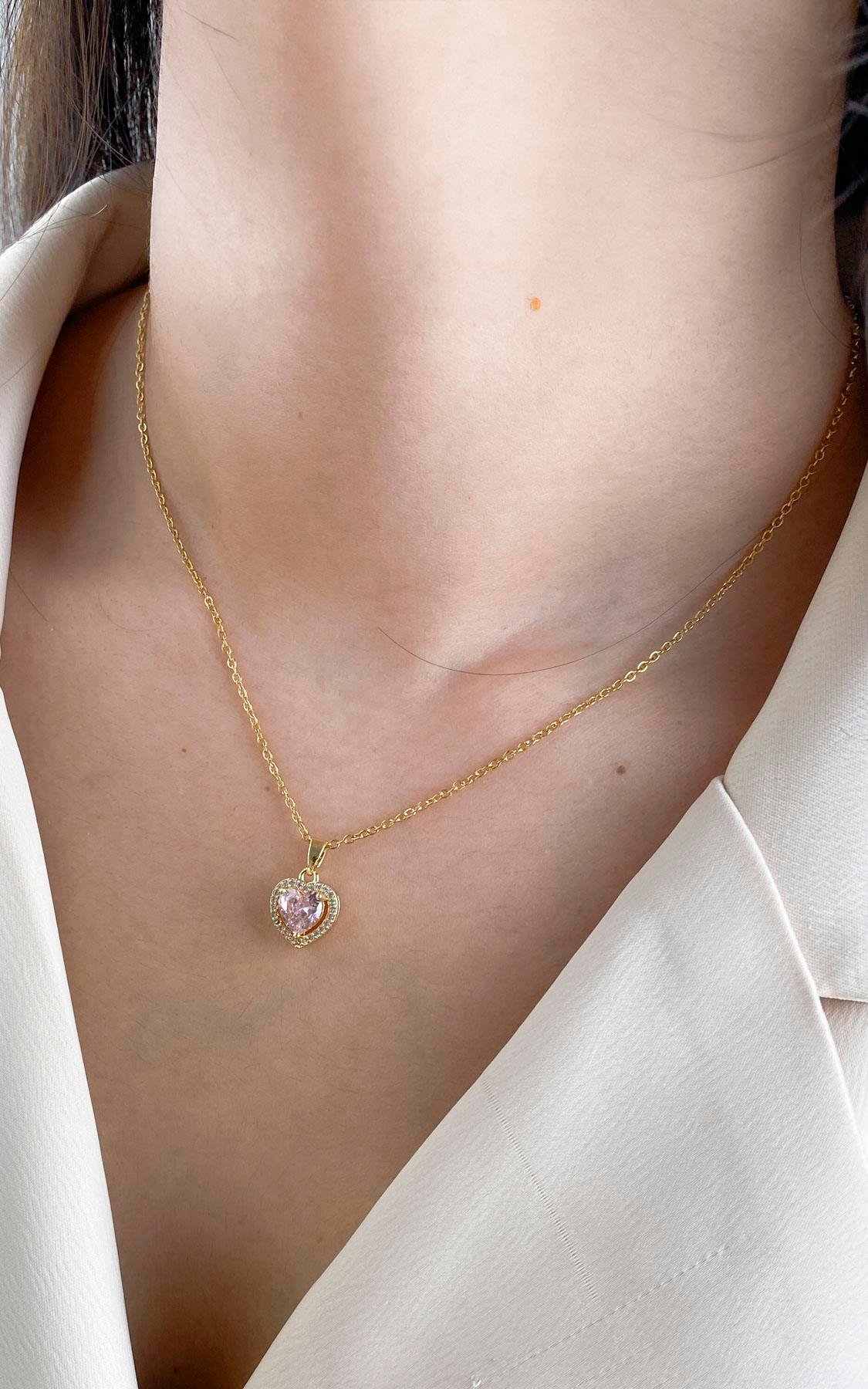 Kalp Figürlü Gold Pembe Çelik Kolye