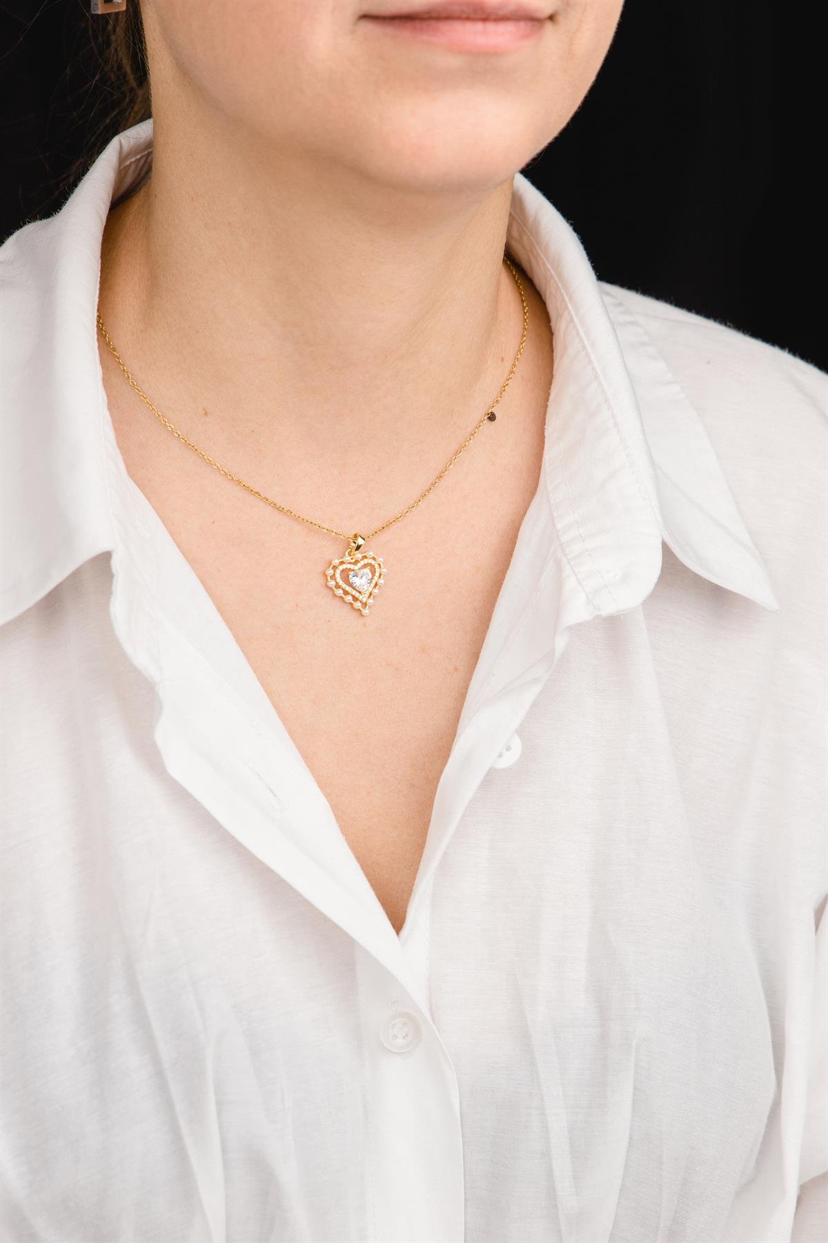 Kalp Figürlü İnci Detaylı 38cm Gold Çelik Kolye